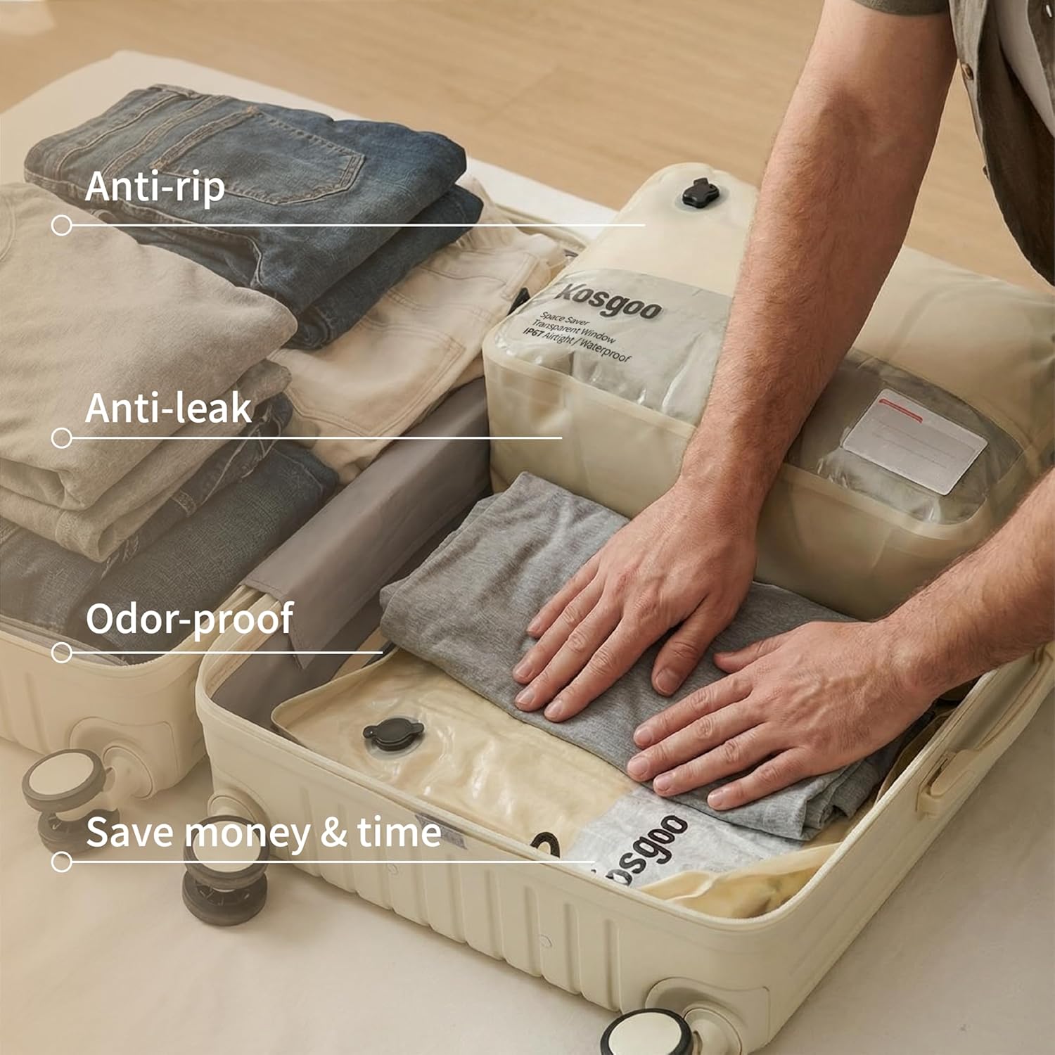 Vacuum Compression Bags for Travel with Pump Reusable for Carry-on Suitcase Backpack Home Storage, IP67 Waterproof, Wide Opening, Transparent Window (2 Pack + Pump Beige) - Image 5