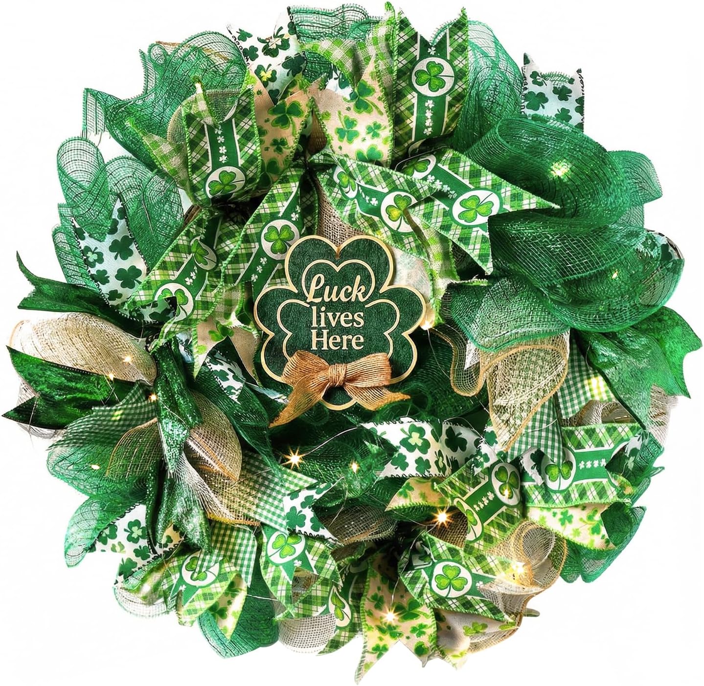 18 Inch St. Patrick’s Day Decorations Wreath, Handcrafted Shamrock Wreath for Front Door with Light, Clover Artificial Design, Lucky Irish Porch Decor, Wall, Entry, Party Holiday Display