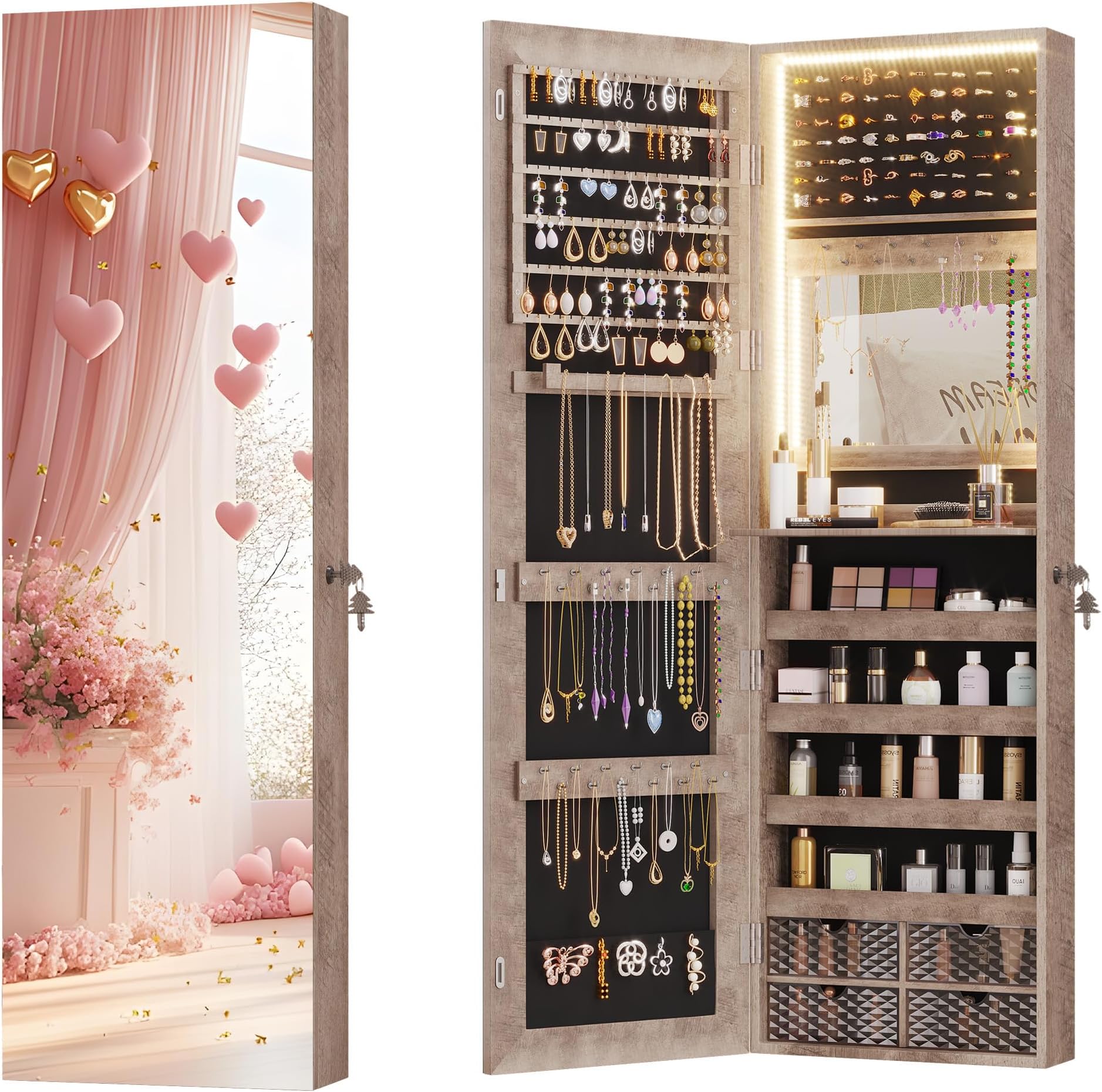 Vlsrka 47.2 Inch Full Length Mirror with Storage, Wall Mount Mirror Jewelry Cabinet, Over The Door Hanging Jewelry Armoire Organizer, Built-in Light, 4 Drawers, 5 Shelves, Lockable (Wood)
