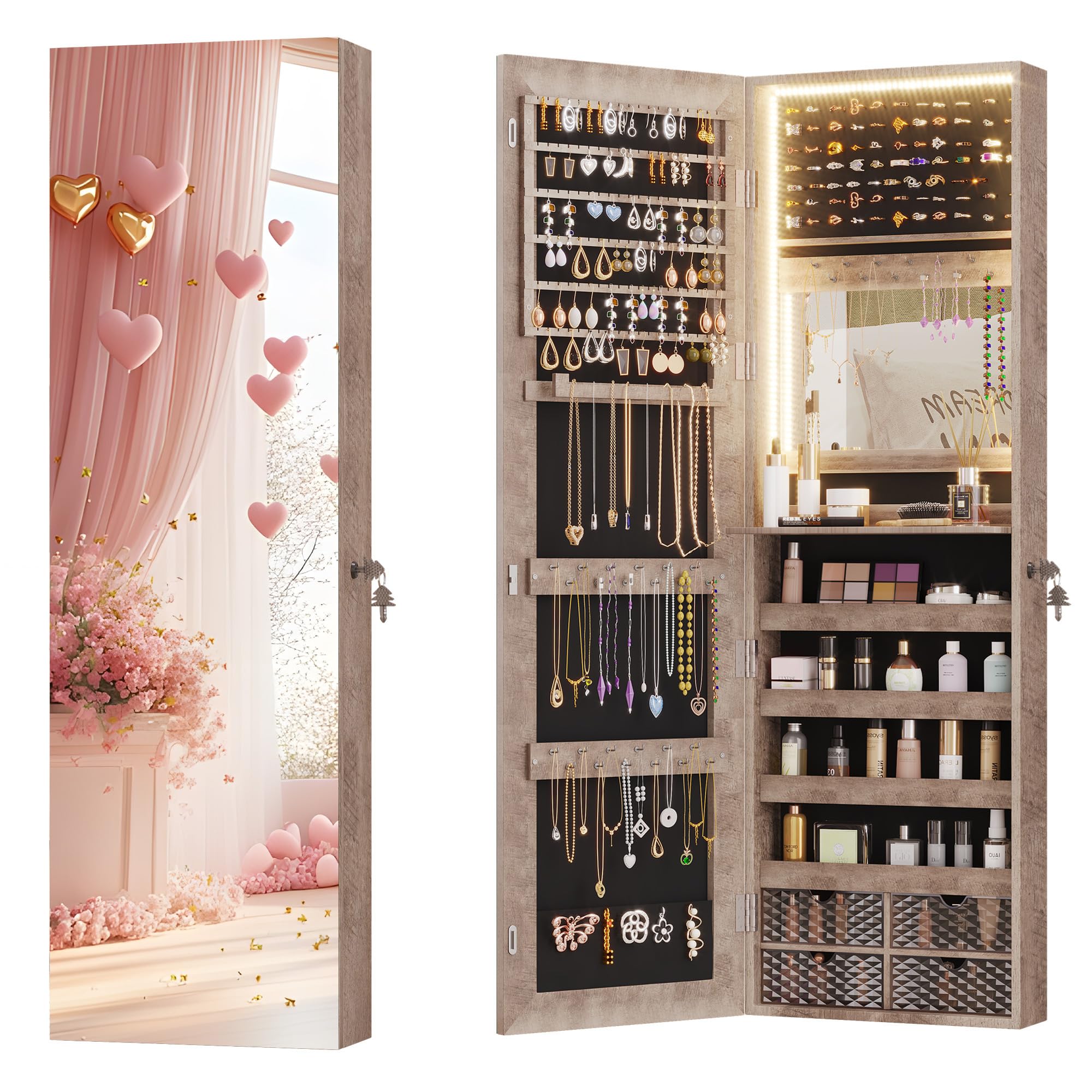 Vlsrka 47.2 Inch Full Length Mirror with Storage, Wall Mount Mirror Jewelry Cabinet, Over The Door Hanging Jewelry Armoire Organizer, Built-in Light, 4 Drawers, 5 Shelves, Christmas Gift (Wood)