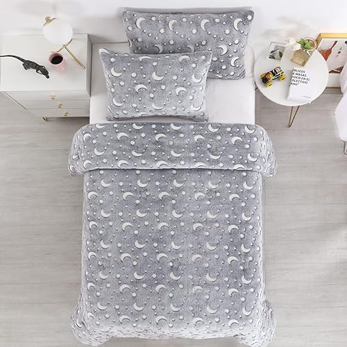 Miniatura 2 de HOMBYS Juego de edredón que brilla en la oscuridad de 3 piezas tamaño individualindividual XL juego de ropa de cama de terciopelo gris para cama