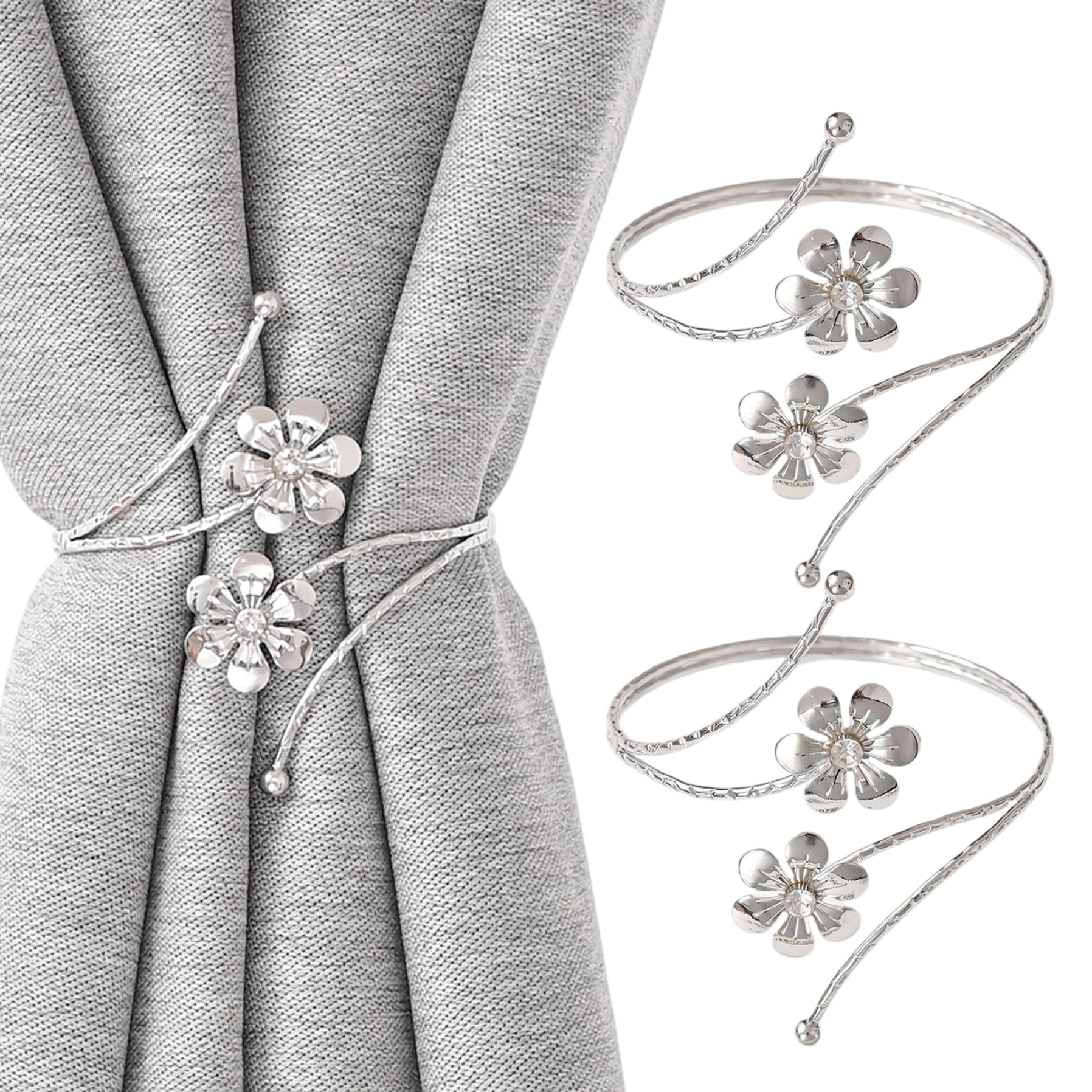 2PCS Tie Backs for Curtains, Silver Metal Flower Curtain Tiebacks, 12 inch Bendable Decorative Drapes Holders for Home Office Decor, Decoración del hogar