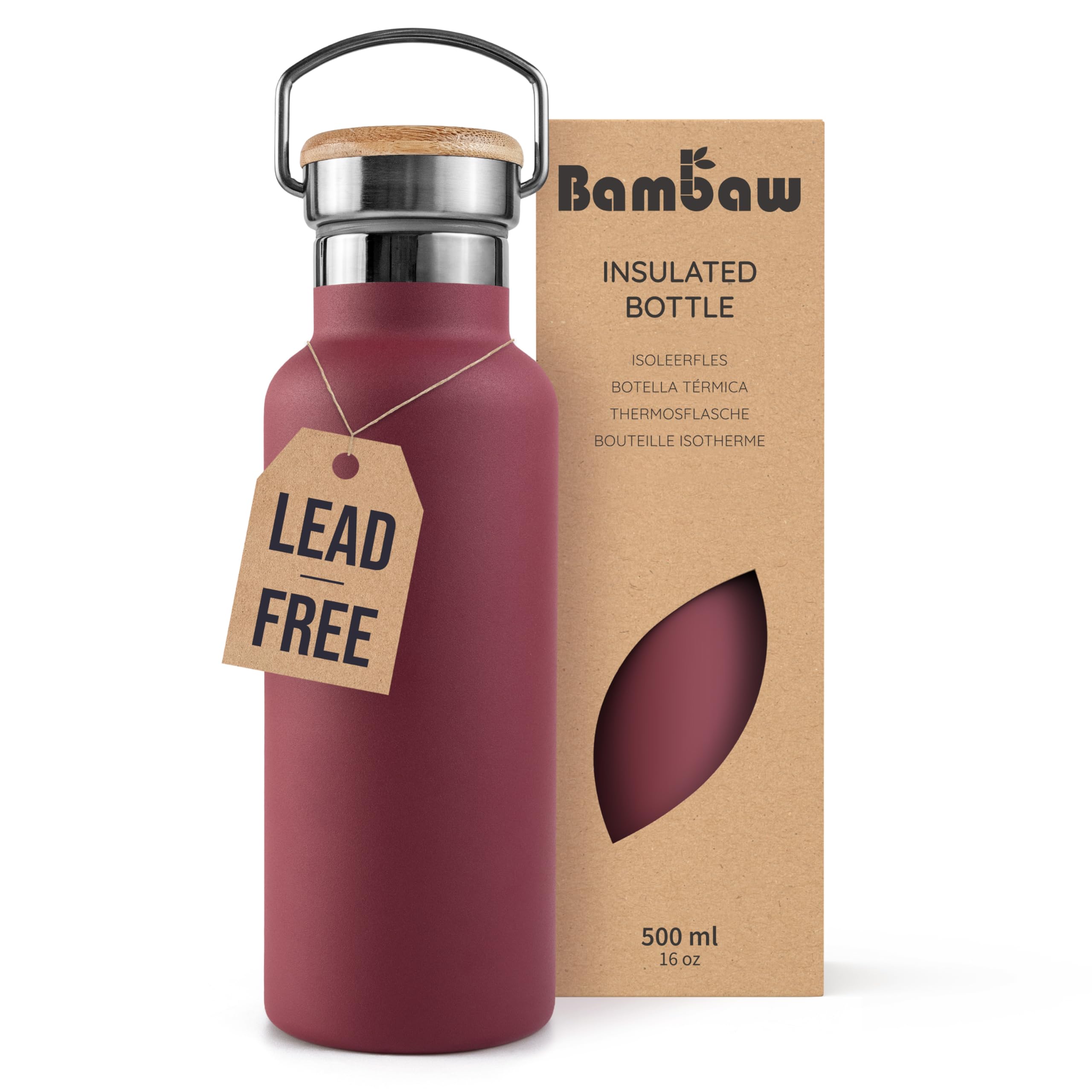 Bambaw Insulated Water Bottle 500ml, Red Water Bottle, Stainless Steel Water Bottle, Leakproof Water Bottle, Stainless Water Bottle, Water Bottle, Metal Flask, Steel Bottle – Red Berry