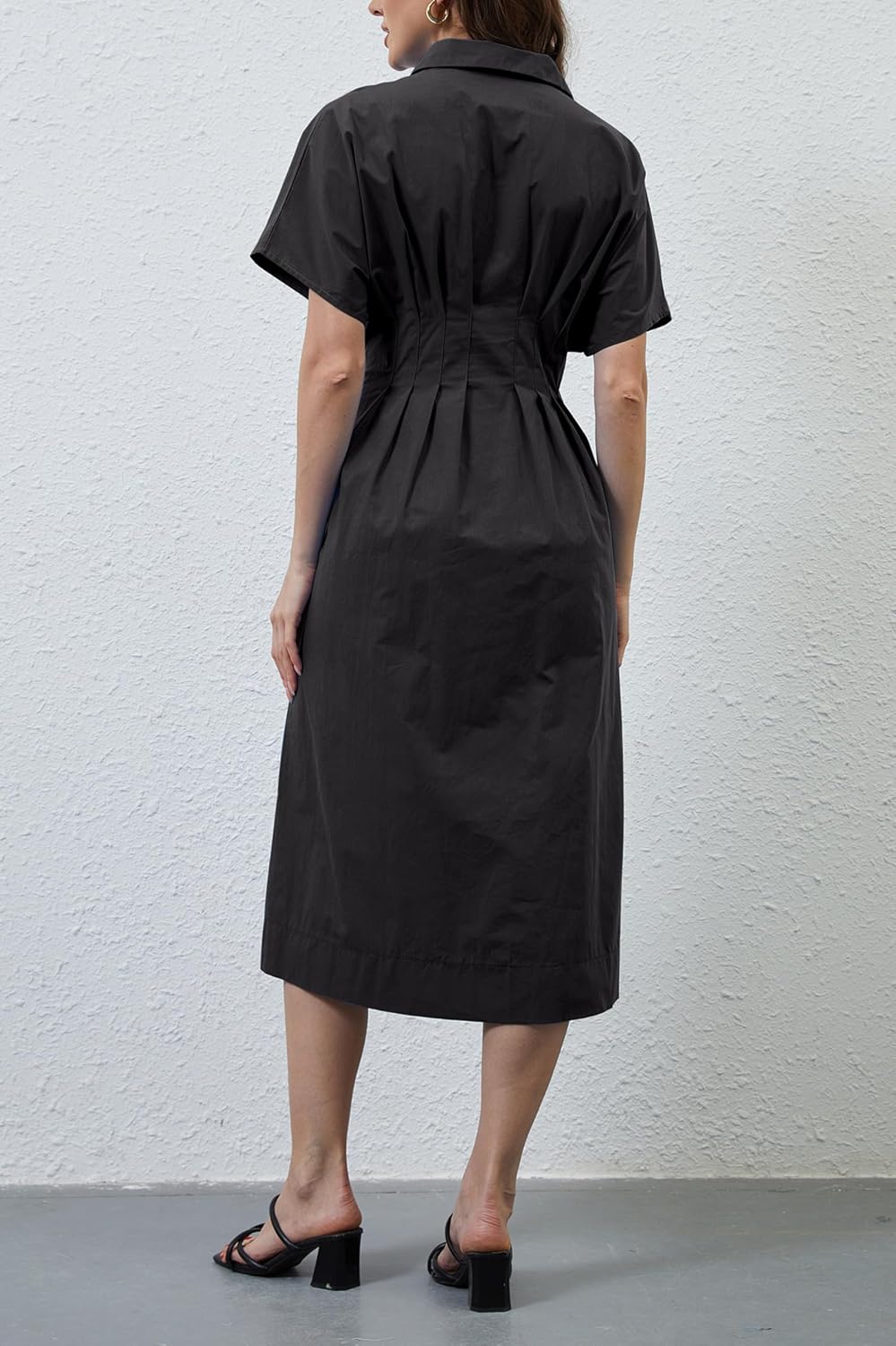 Striped Button Pleated Shirt Maxi Dress for Women Summer Short Sleeve Collar V Neck Corset Long Dress - Image 6