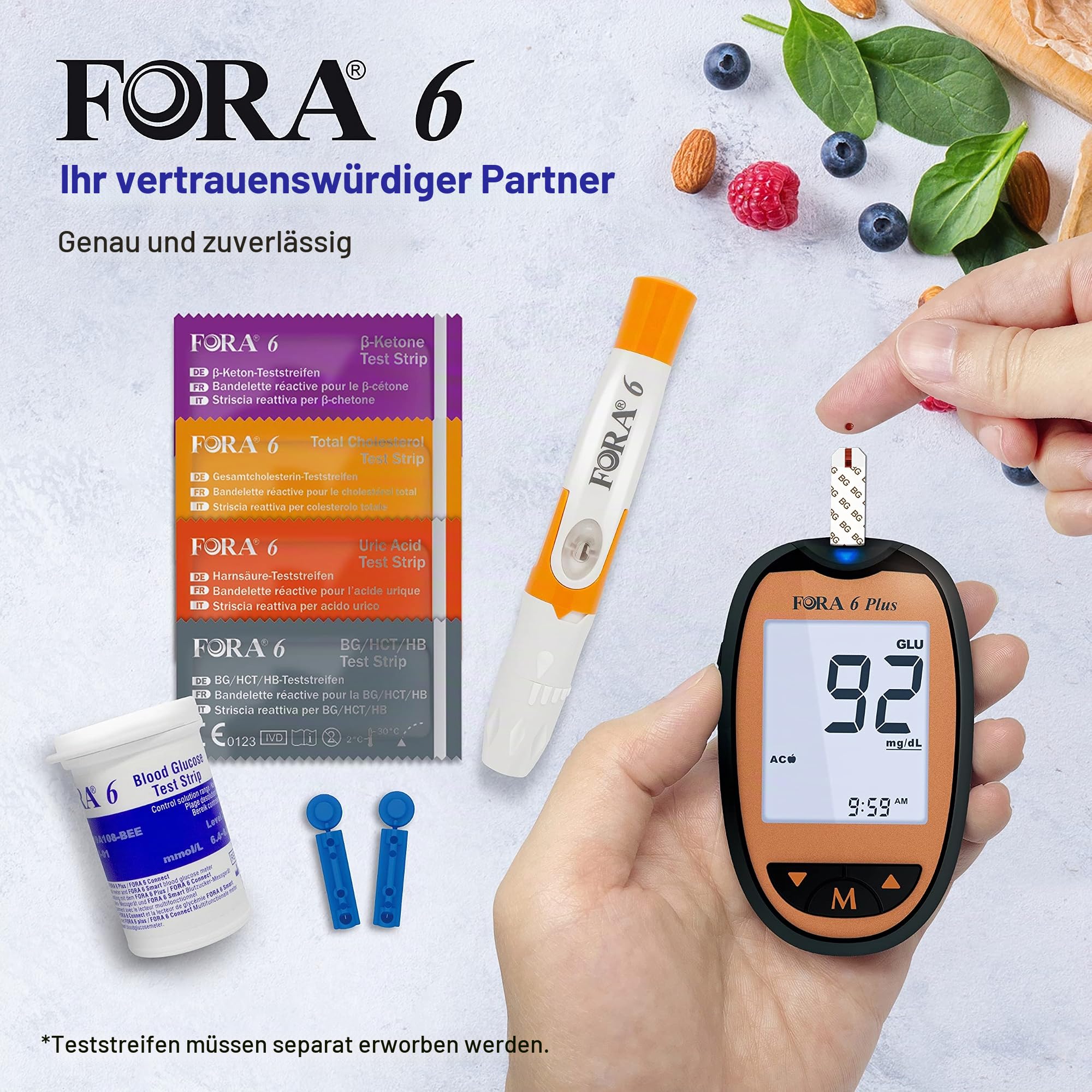 FORA 6 Plus- Multifunktions-Messsystem, Blutzucker (BG), Hämatokrit (HCT), Hämoglobin (HB), ß-Keton (KB), Harnsäure (UA) und Cholesterin (TCH), ohne Teststreifen