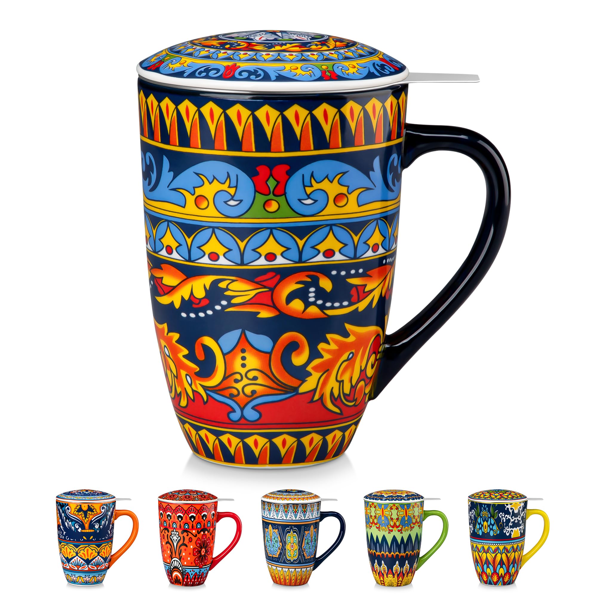 vancasso KRVI 540ml Porcelain Infuser Tea Mug with Lid, Sicilian Carnival