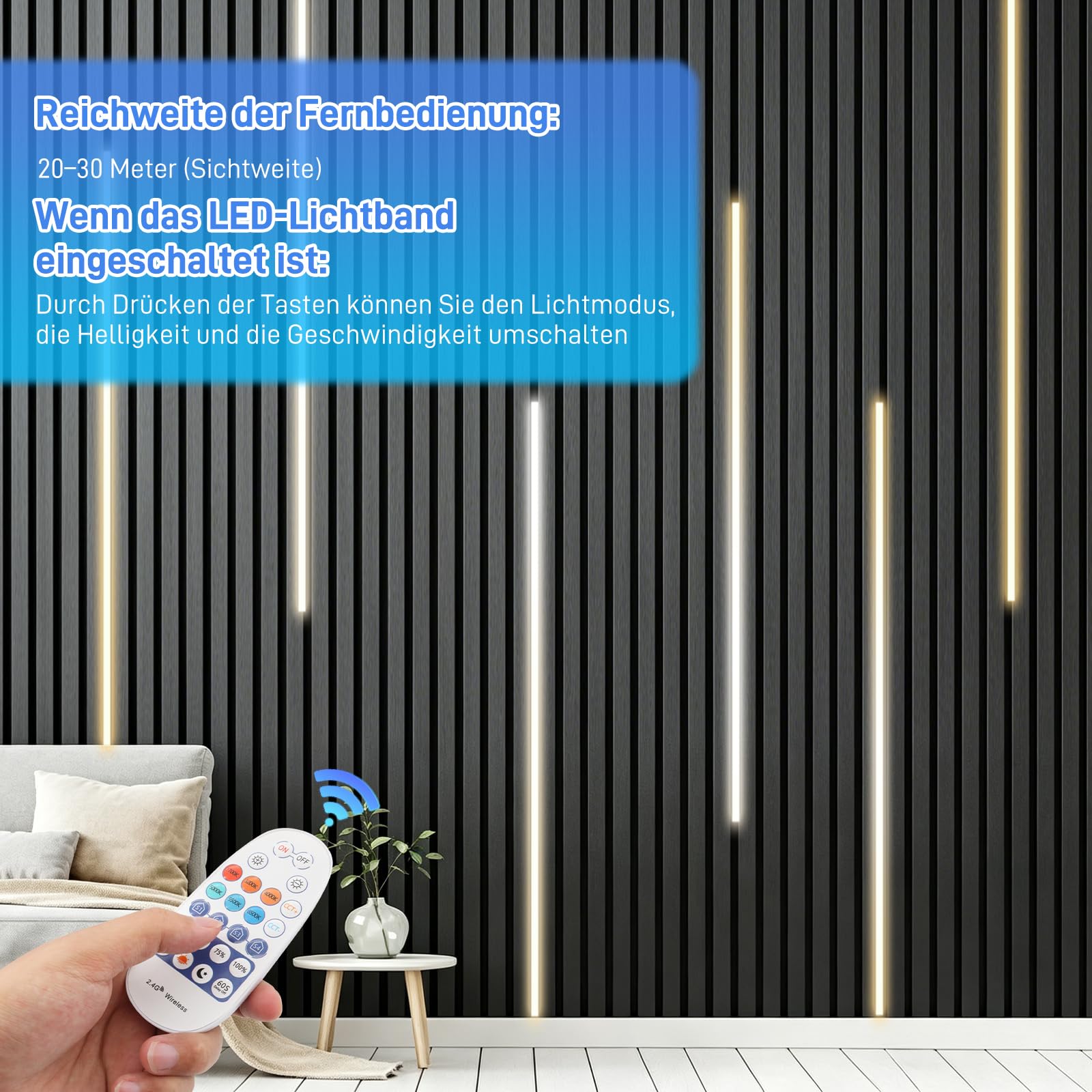 6 x 90 cm LED do paneli akustycznych, 3 regulowane kolory światła, listwa LED, oświetlenie 2700-6500 K, panele akustyczne, aplikacja i pilot zdalnego sterowania, samoprzylepna listwa świetlna