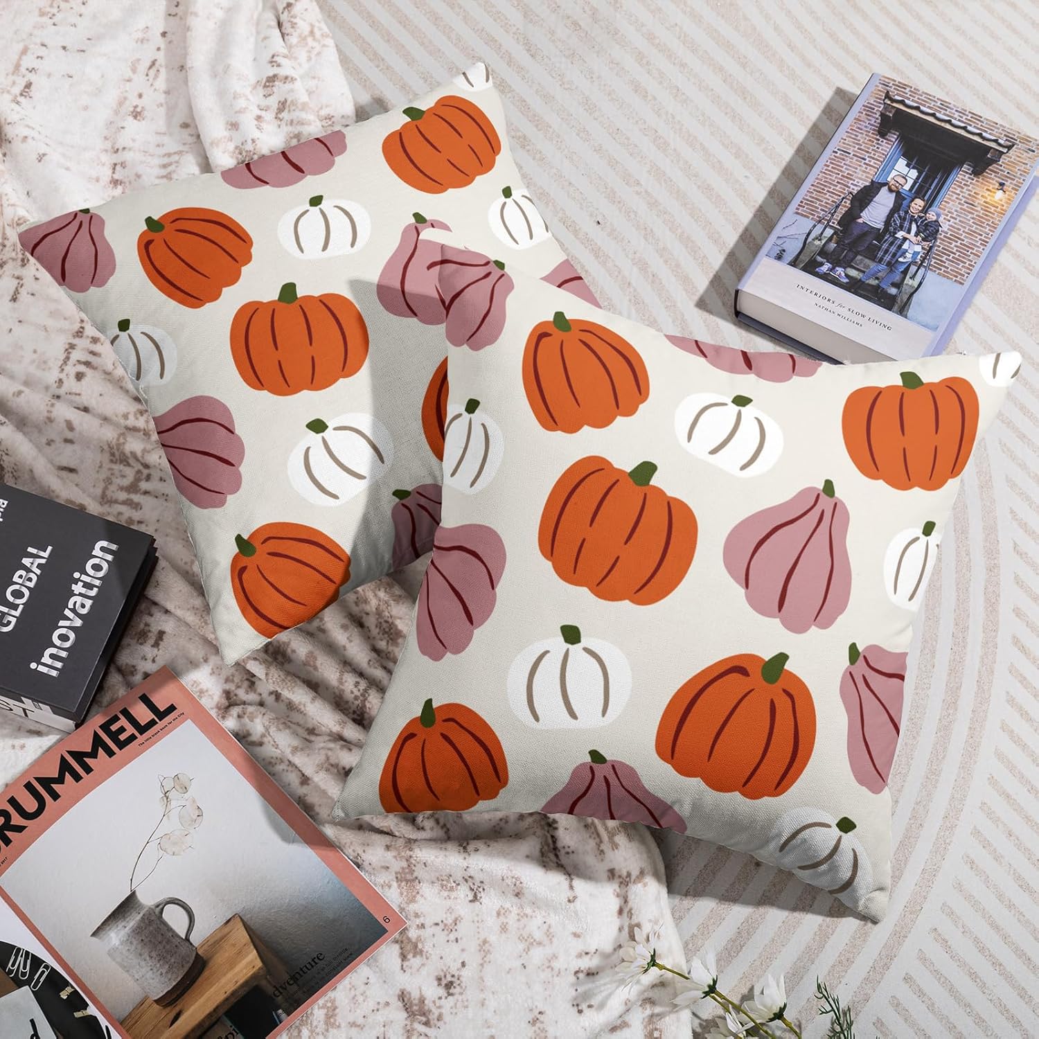 Fall Pillow Covers 24X24 Set of 2, Cute Burnt Orange Pink White Pumpkin Autumn Harvest Throw Pillowcases Thanksgiving Holiday Theme Outdoor Farmhouse Cushion Cover Couch Sofa Bed Home Decor