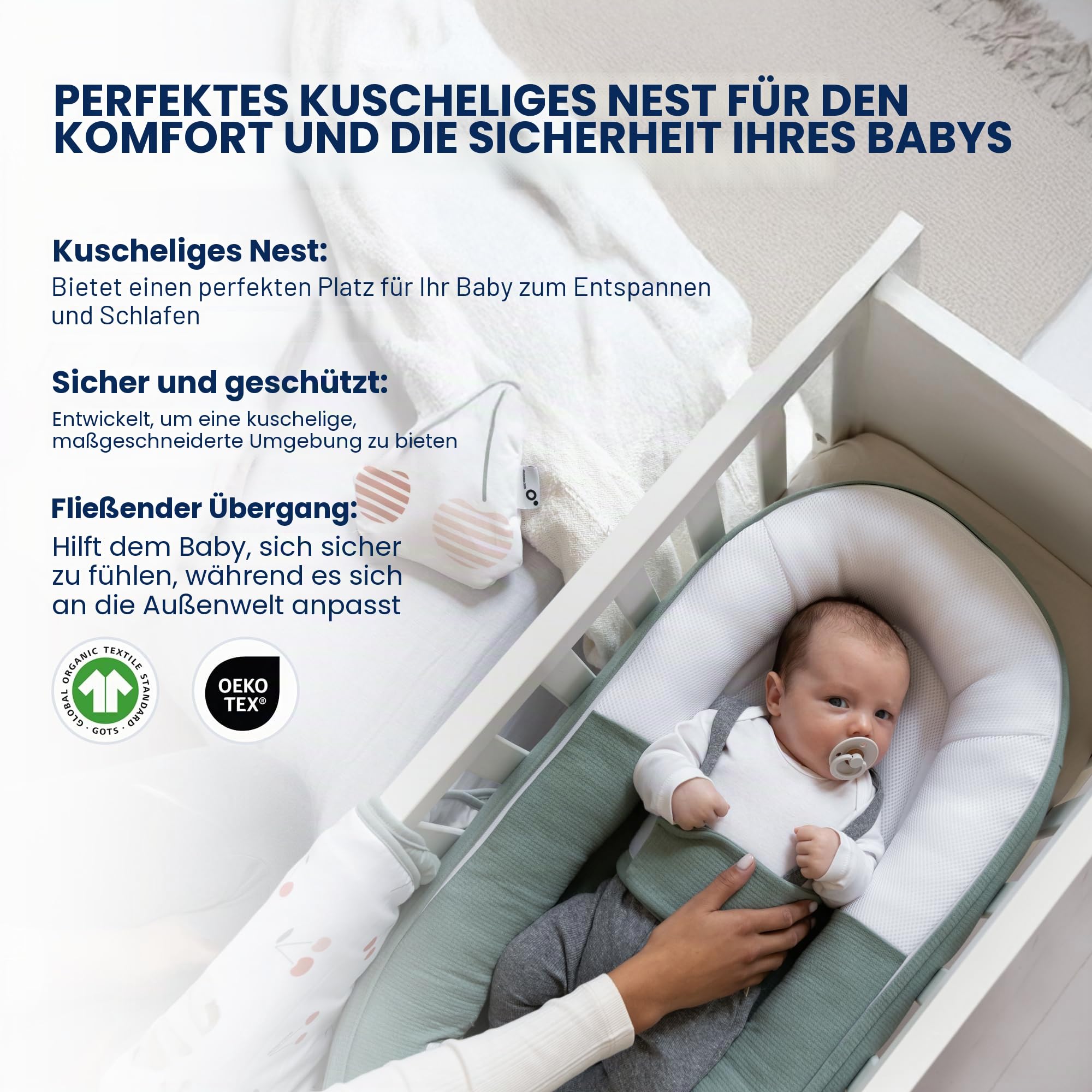 Doomoo Cocoon Babynestchen für Babys bis 8 Monate - Babynest, Kuschelnest, Lagerungskissen aus Bio-Baumwolle, Oeko-Tex Zertifiziert, Tetra Jersey Green