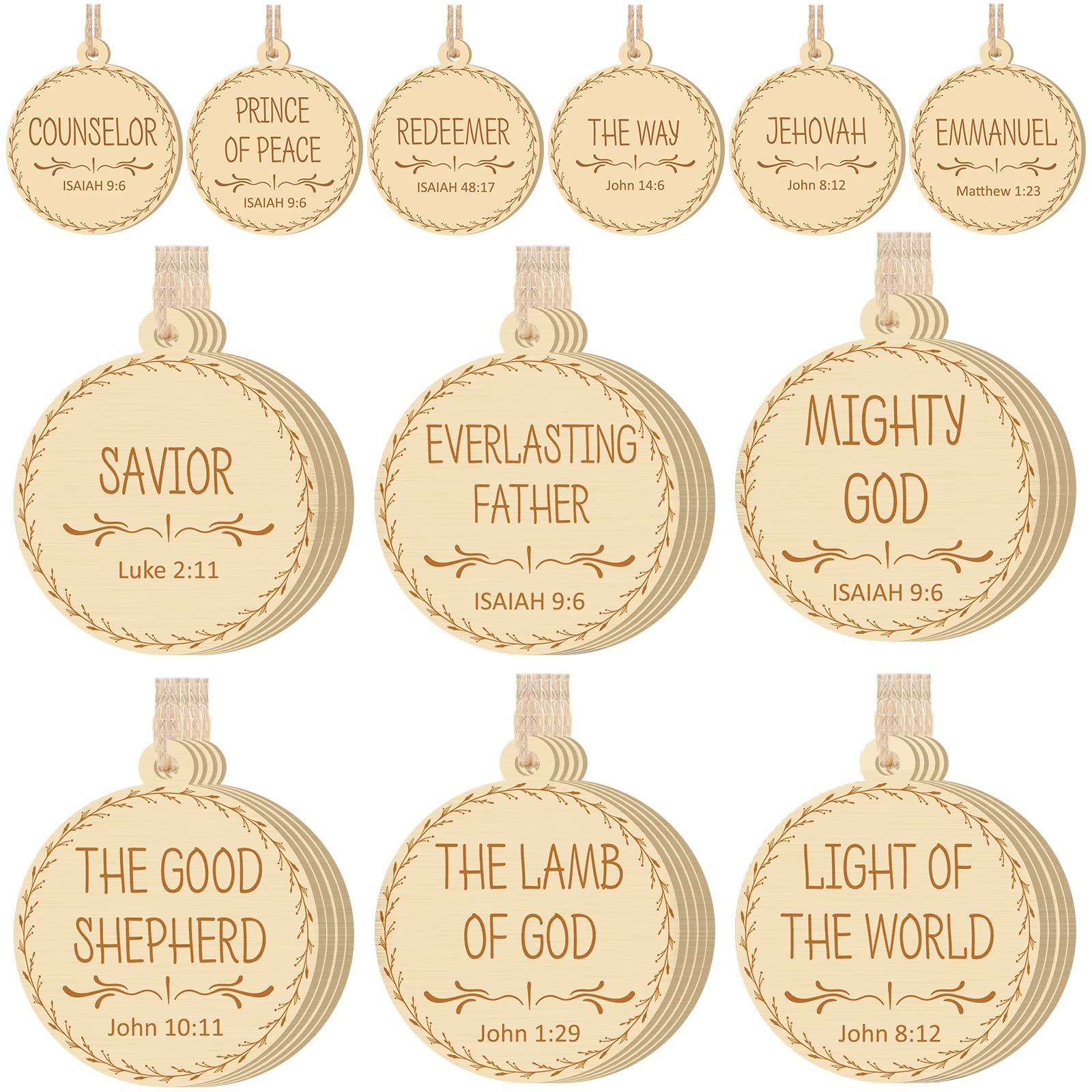 Jetec Names of Jesus Ornaments Christ Christmas Decorations Nativity Set Xmas Round Wood Hanging Ornaments with Savior Names Christmas Tree Hanging Name Tag for Church Home (Wood Color, 48 Pieces)