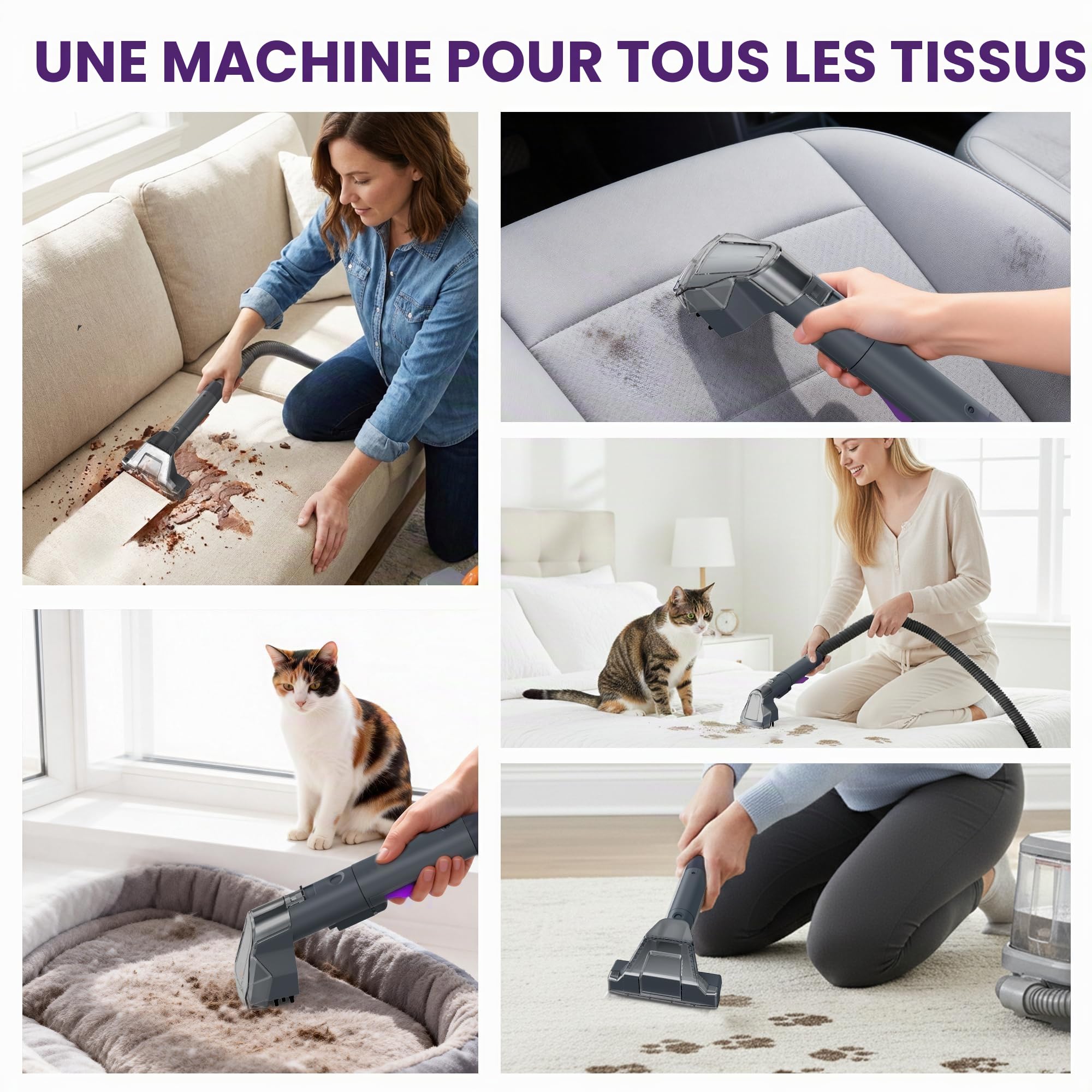 Shampouineuse 450W 13kPa, Nettoyeur Canapé Tissu et Tapis, Aspirateur Laveur pour Canapé, Voiture et Matelas, avec 3 Brosses et Double Réservoir Autonettoyant, Portable Léger 2,6kg