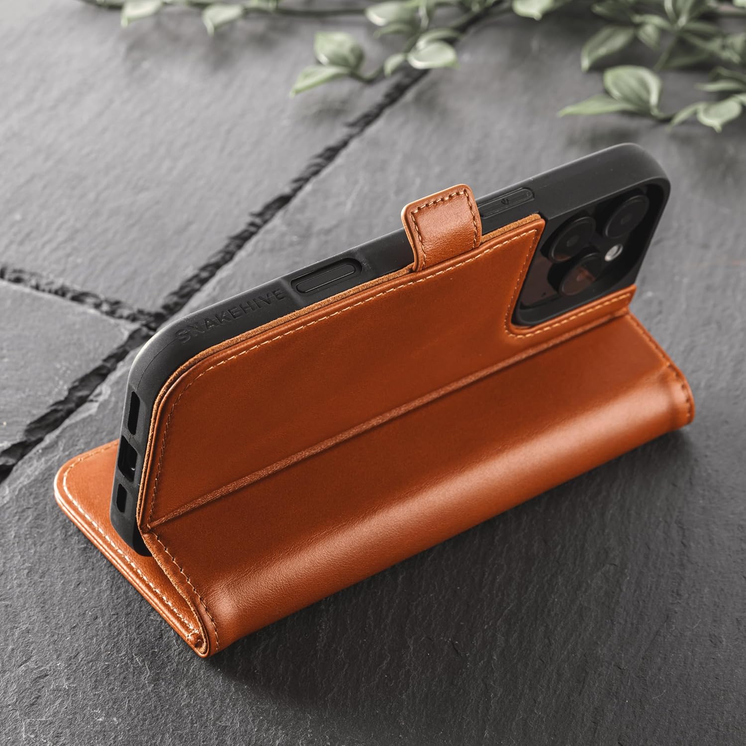 Snakehive Leather Wallet for iPhone 16 Pro Max - Real Leather Wallet Phone Case - Genuine Leather with Viewing Stand and 4 Card Holder - Side Clasp Flip Folio Cover with Card Slot (Tan)