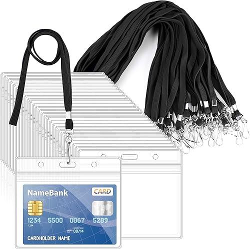 30 etiquetas horizontales de plástico transparente para tarjetas de identificación y 30 cordones negros para cuello plano con gancho giratorio 30 etiquetas horizontales de plástico transparente para tarjetas de identificación y 30 cordones negros para cuello plano con gancho giratorio