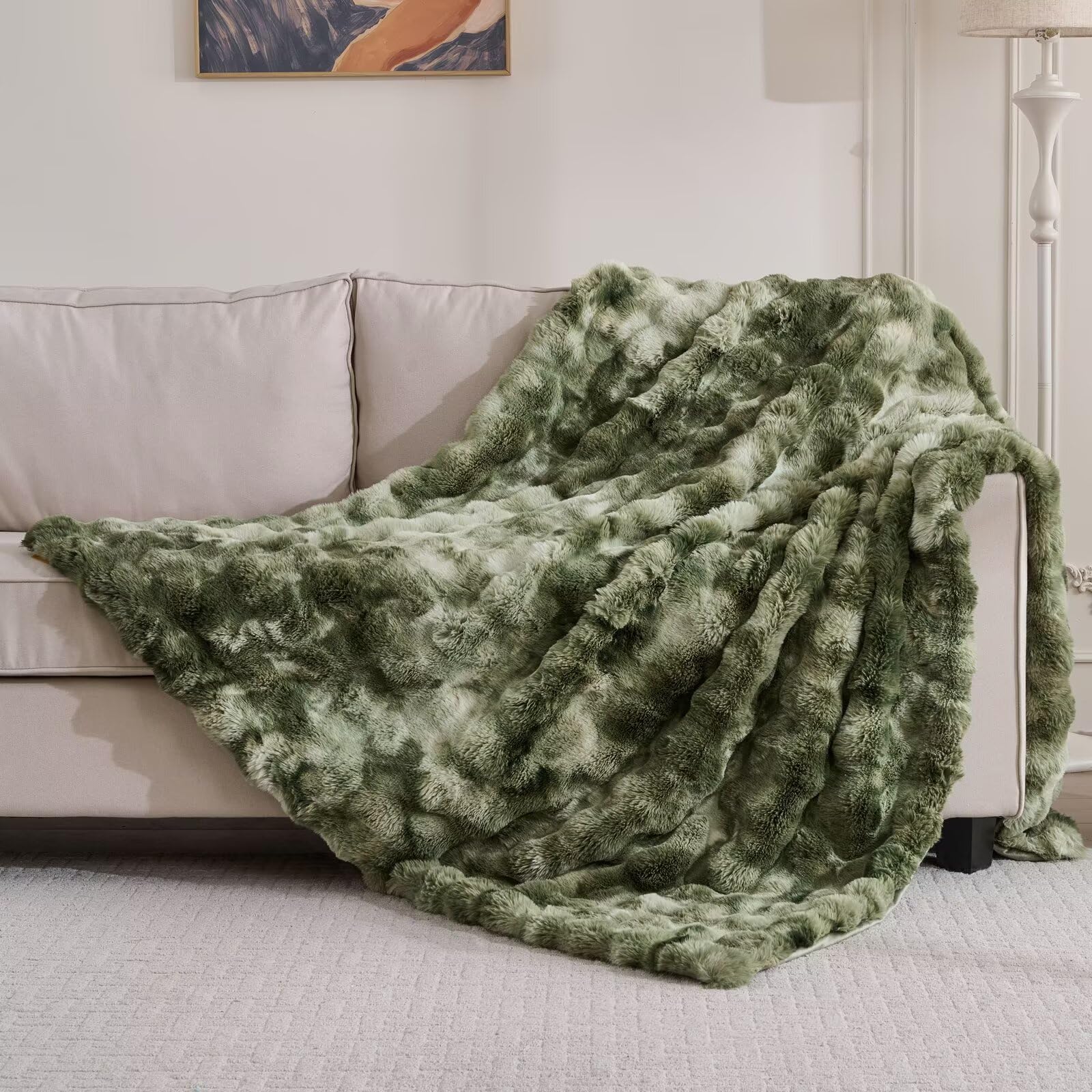 760GSM Faux Rabbit Faux Fur Throw Blanket,Super Thick Warm Bubble Blanket Throw,Fuzzy Luxury Plush Decorative Blanket for Couch Bed Sofa(Tie-dye Sage Green,50''x 60'') โ image 1