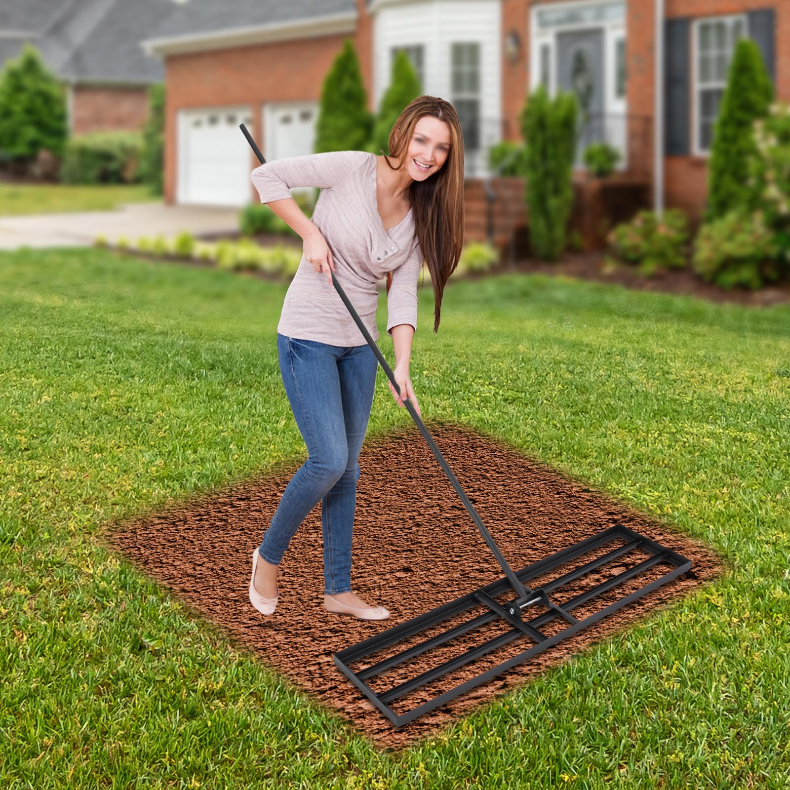 Rastrello livellatore per prato, attrezzo da giardinaggio per la cura del prato con manico da 175 cm, angolo flessibile, per cortili, giardini, fattorie, prati, angolo di rotazione 180°, dimensioni