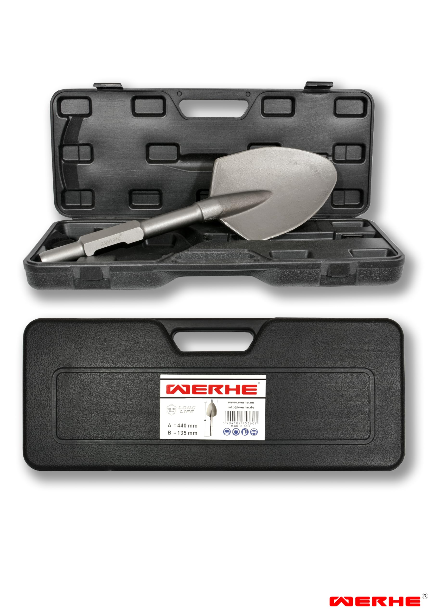 WERHE ® Professional SDS HEX scalpello a punta 135 x 440 mm supporto esagonale 30 mm per martello demolitore scalpello custodia in plastica