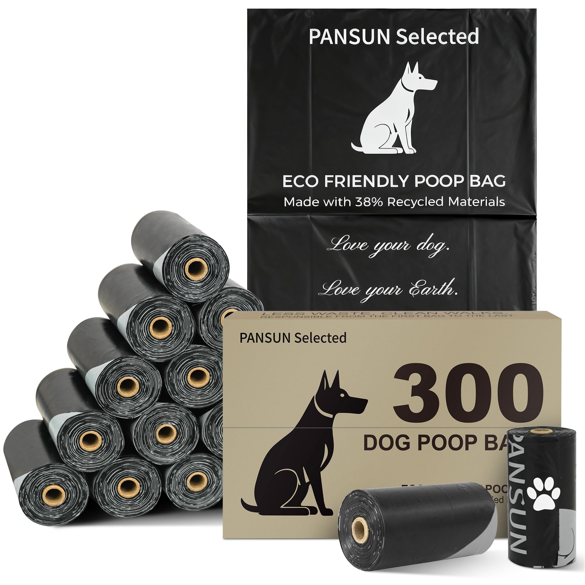 Dog Poo Bags, 300 Count Refill Rolls, Dog Poop Bags Leak-Proof & Extra Thick, Unscented Black Waste Bags with 38% Recycled Material