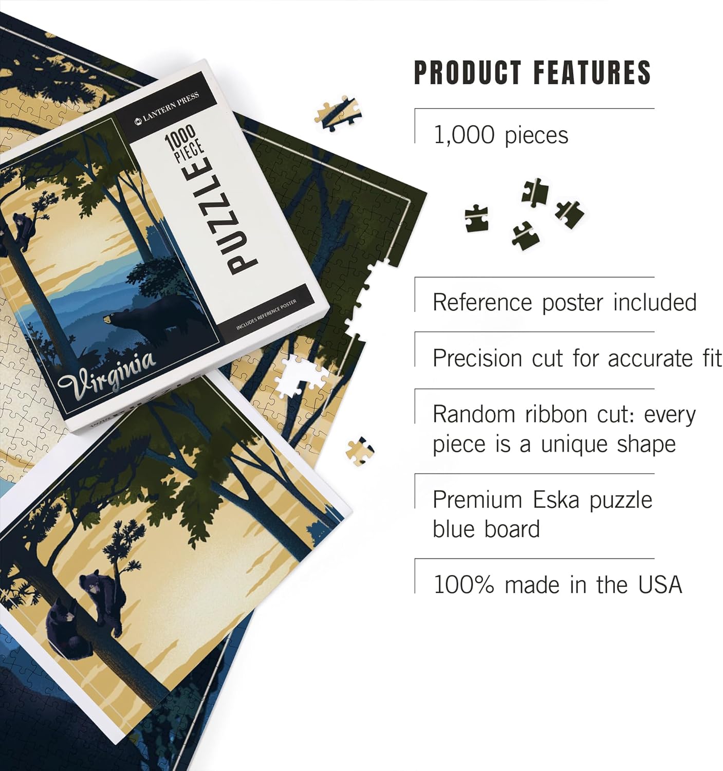 Virginia, Black Bears, Lithograph (1000 Piece Puzzle, Challenging Jigsaw Puzzle for Adults, Made in USA)