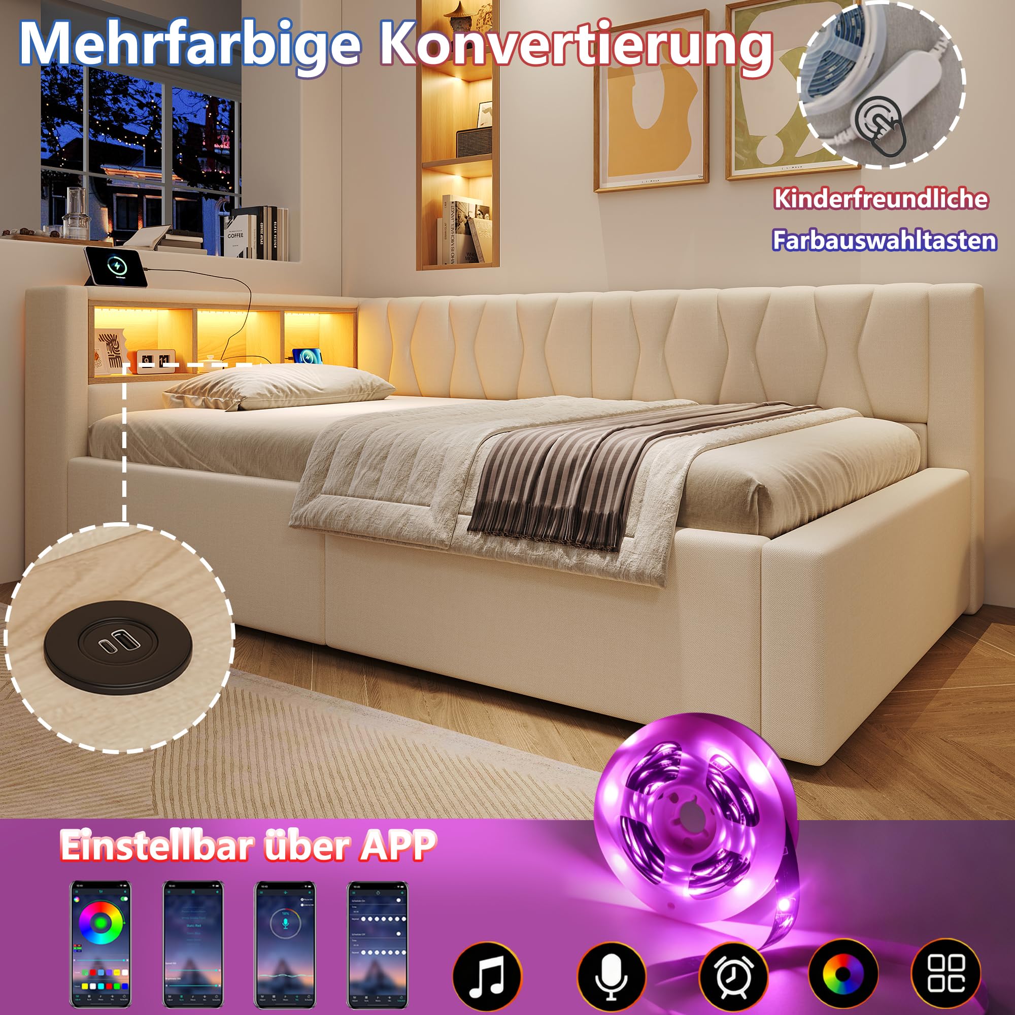 Polsterbett Tagesbett 90x200 mit LED, USB, Regal und Hydraulische Stauraum