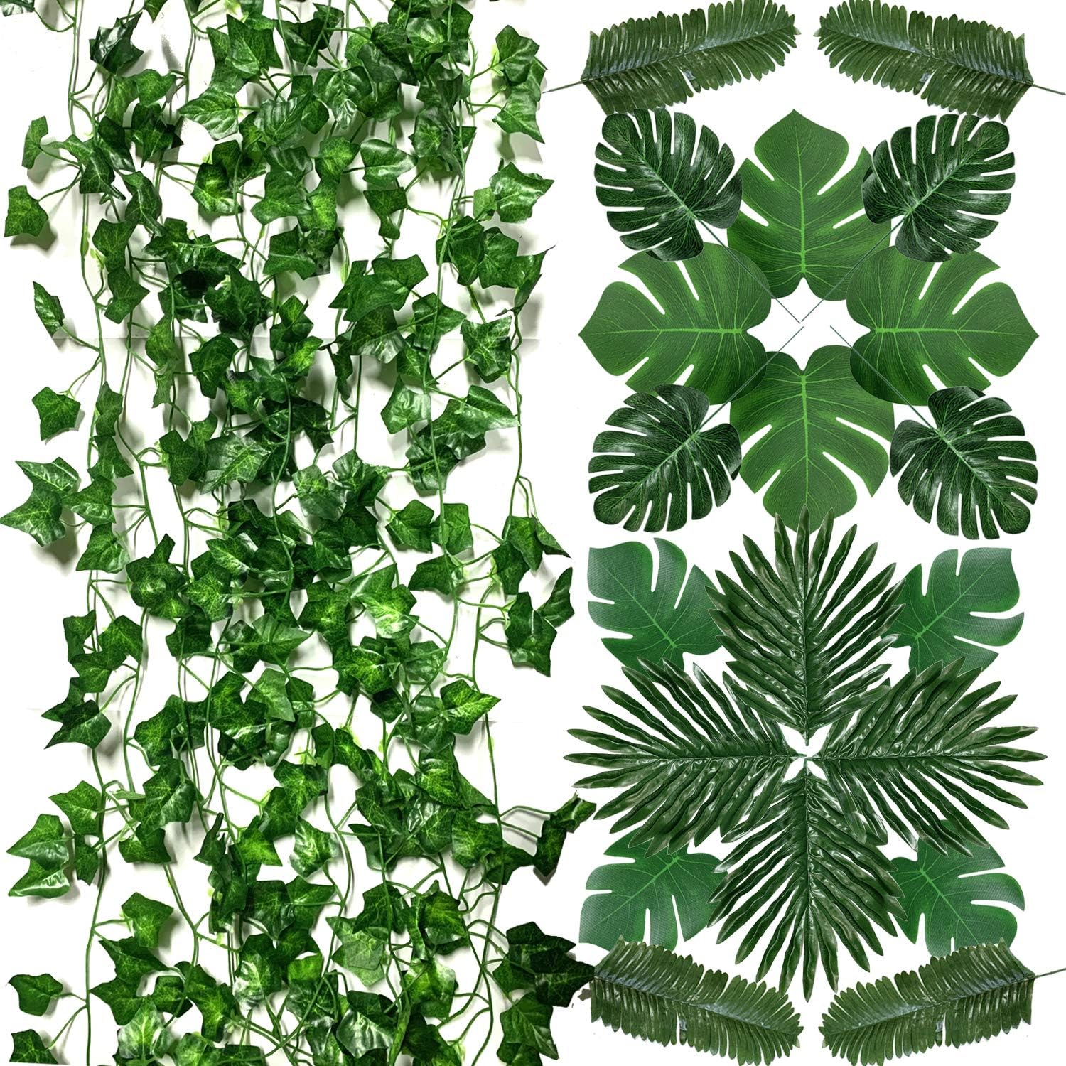 PietyPet Hiedra Hojas de Vid Artificial y Hojas de Palma Artificiales, Verde Plantas Artificiales, Falso Hojas de Monstera con tallos para Luau, Fiestas Decoraciones Eventos, Bodas, Hawaiano