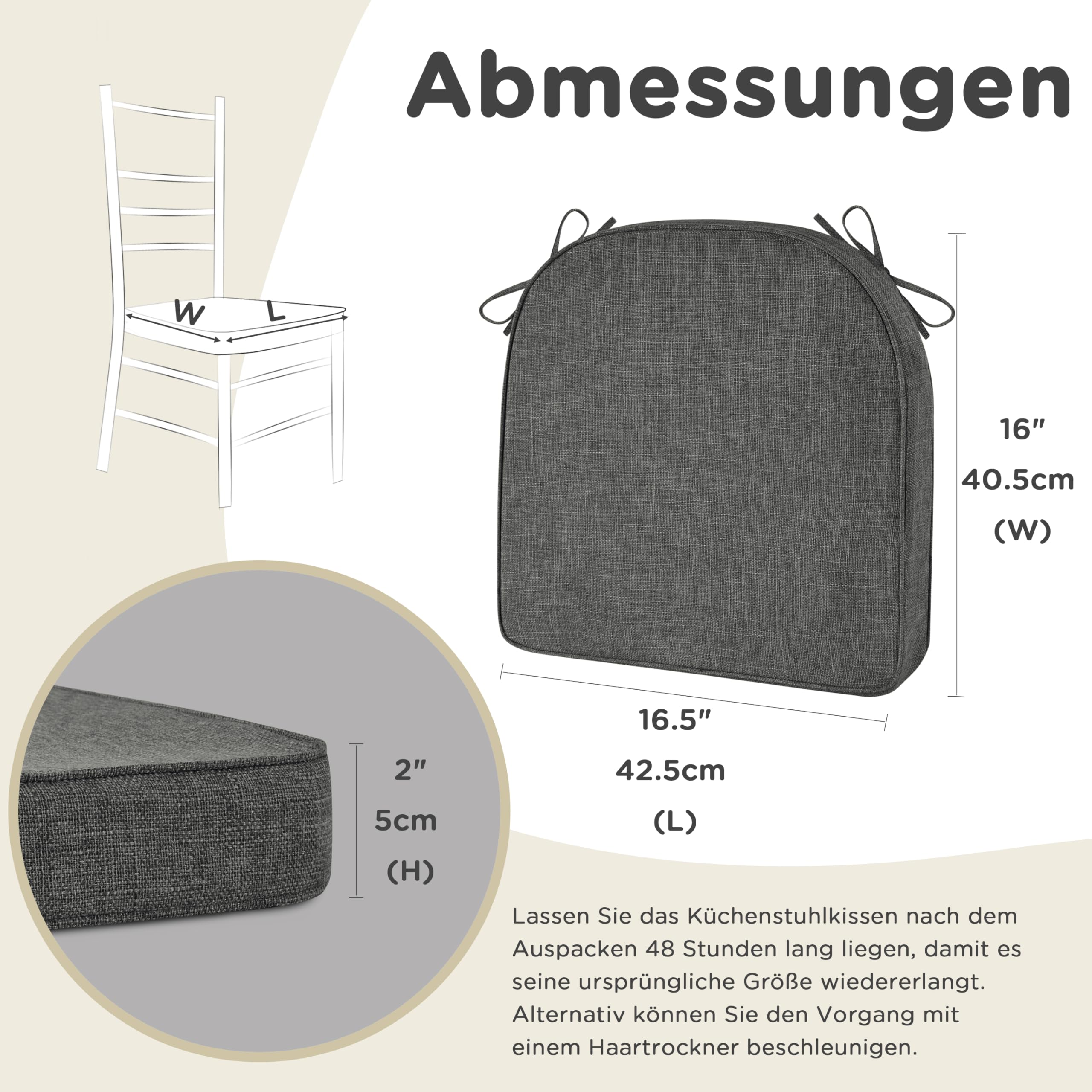 AddGrace rutschfeste Esszimmerstuhl-Kissen 4er-Pack 42.5x40.5cm Dunkelgrau | Schaumstoffstütze, mit Bändern, waschbarer Bezug, D-förmiges Kissen passt für die meisten Küchen-Esszimmerstühle, bequem