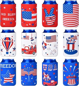 4th of July Decorations, 12 PCS Can Cooler Sleeves for Independence Day Accessories, Patriotic Party Favors, Collapsible Insulation Cover for Memorial Day Fourth of July Decorations Outdoor Indoor