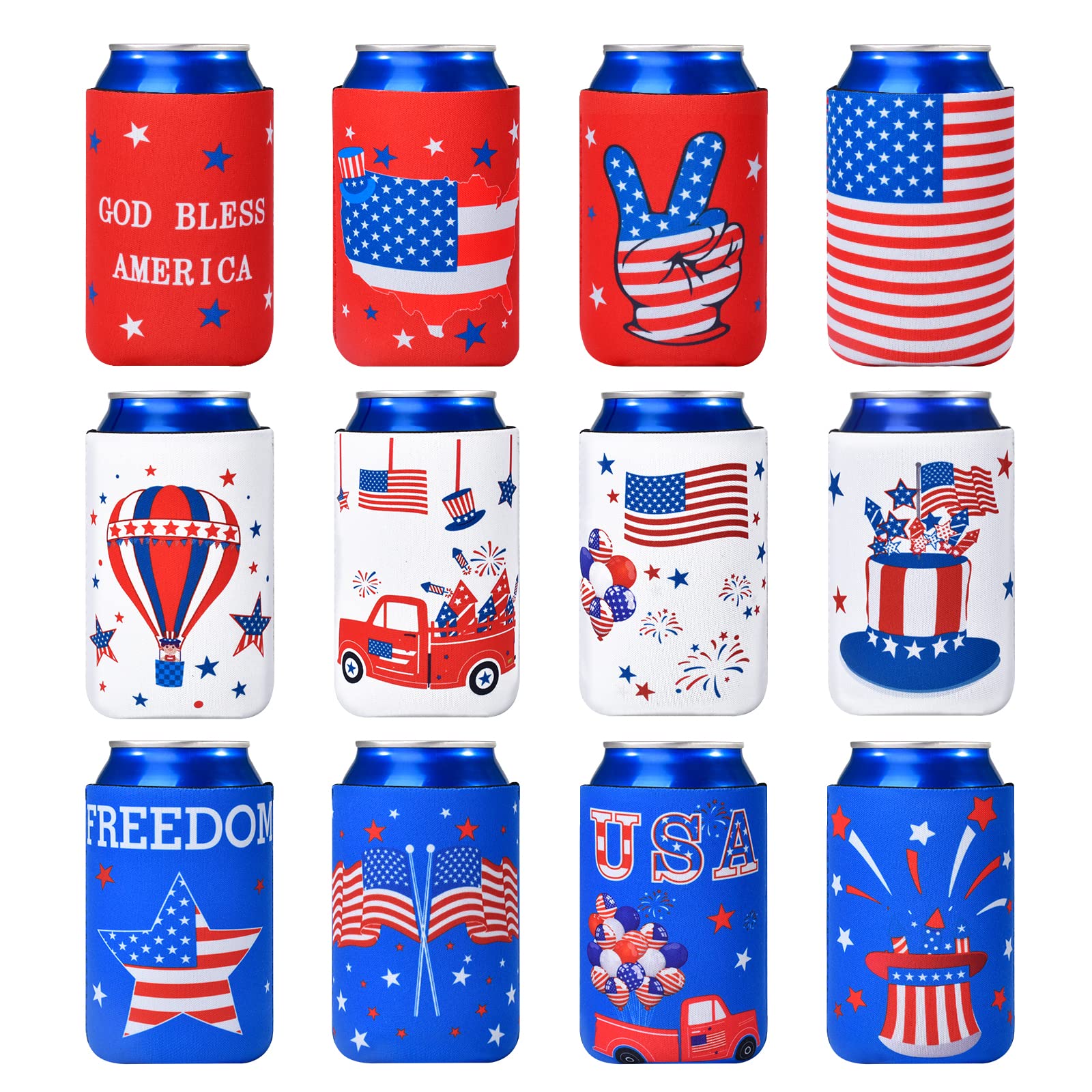4th of July Decorations, 12 PCS Can Cooler Sleeves for Independence Day Accessories, Patriotic Party Favors, Collapsible Insulation Cover for Memorial
