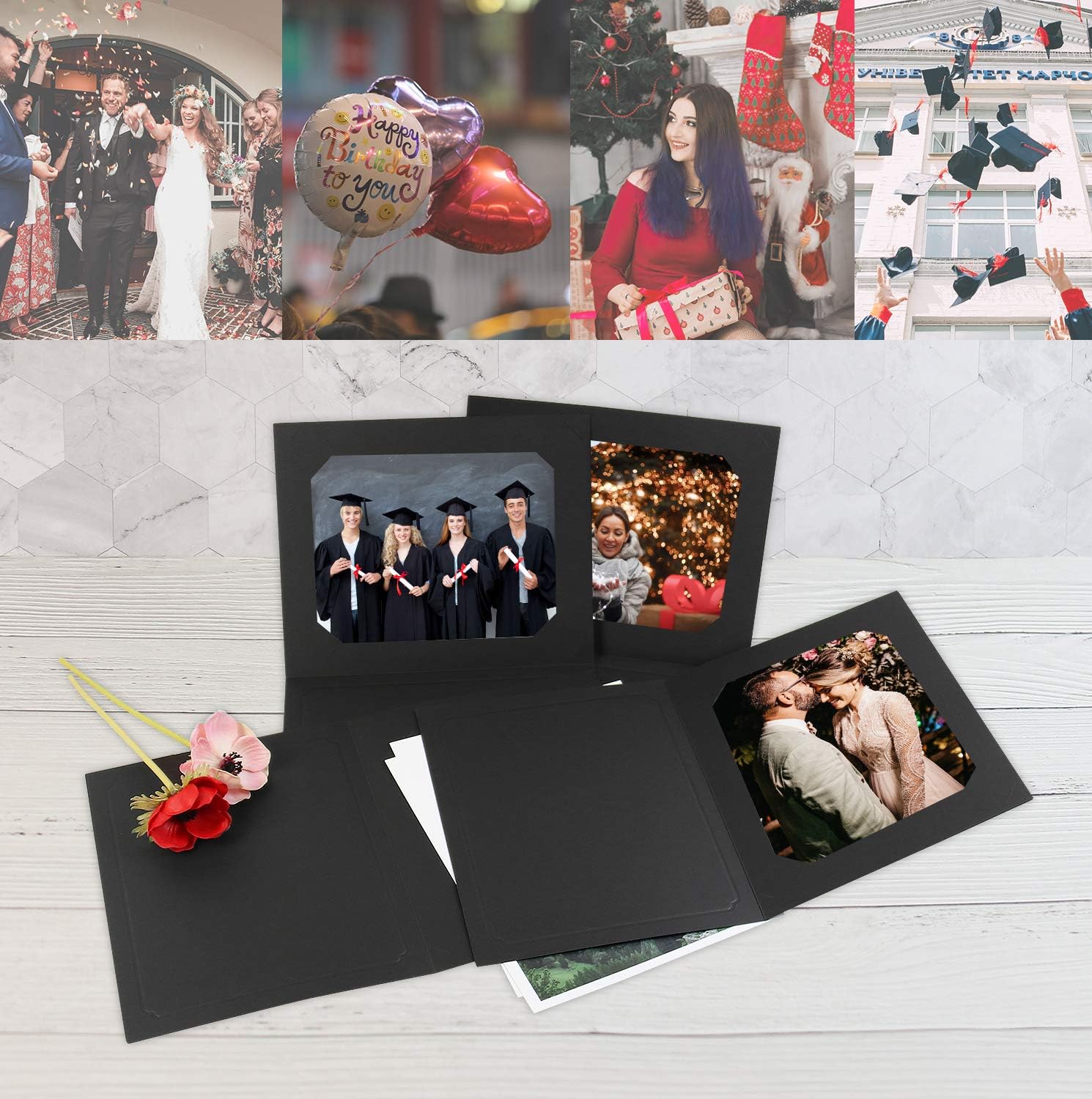 Golden State Art, 25 Pack, Photo Folders for 6x8/8x10 Picture, Cardboard/Paper Frames, Events: Graduation, Wedding, Christmas, Great Invitation/Greetings Cards (Black with Gold Lining)