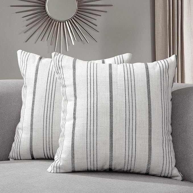 Sunlit Decorative Farmhouse Throw Pillow Case, Set of 2 Cream/Off-White with Black Stripes Modern Accent Square Pillow Cover, 20" x 20", Textured Linen Throw Cushion Covers for Couch Chair Bedroom