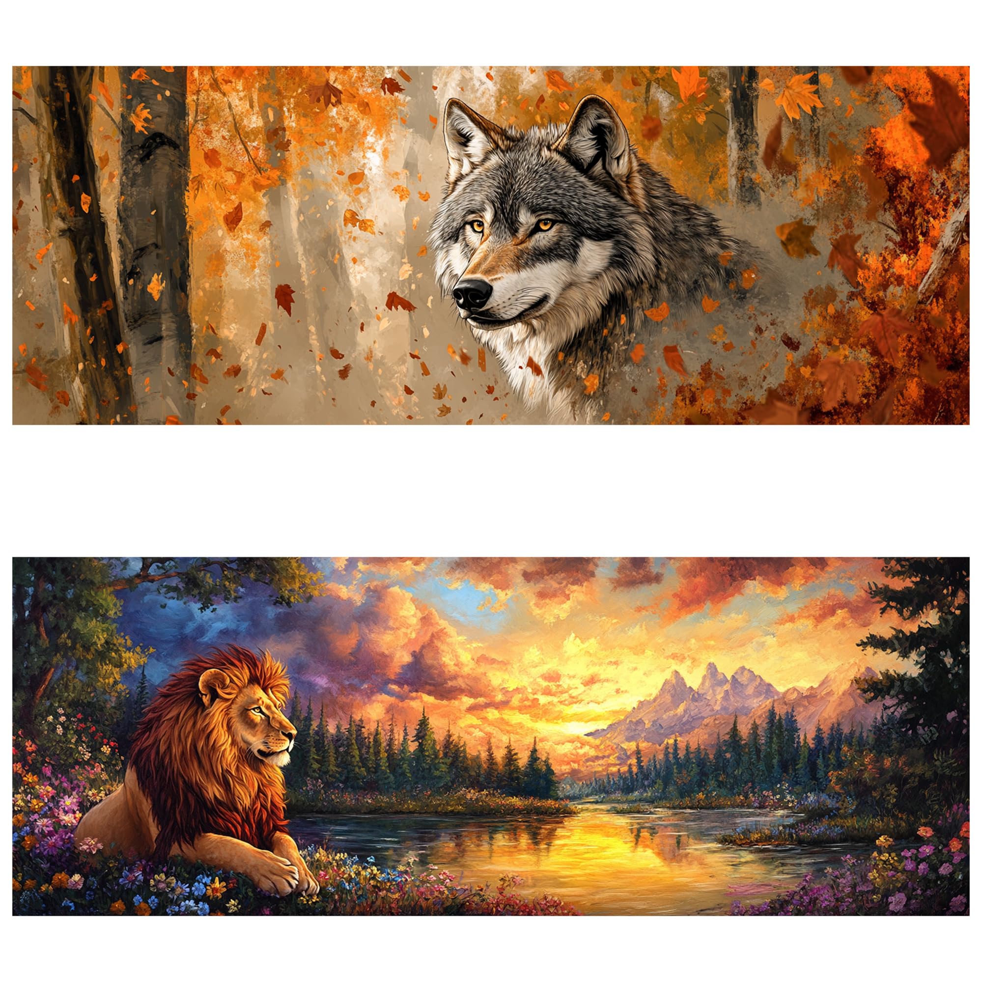Yomiie 2 Pack Large Diamond Art Kits for Adults, Wolf &amp; Lion Diamond Painting Art Animals DIY Full Round Drill Kits, Embroidery Rhinestone Diamond Crystal Craft Canvas Home Wall Decor 31.5x11.81 inch