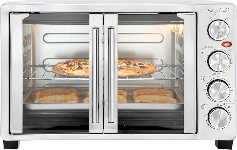 MegaChef 31.7 Liter French Door Multi-Function Electric Toaster Oven with Broil, Bake and Toast Functions