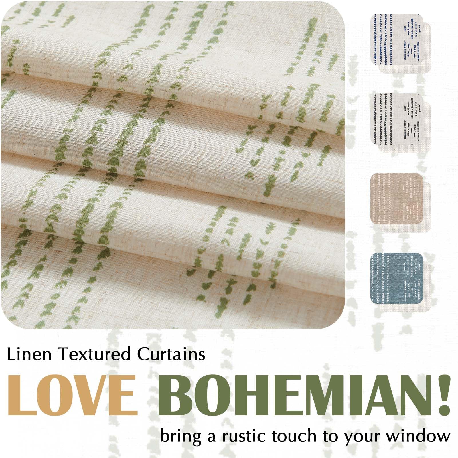 TOPICK Boho Linen Blend Kitchen Curtains 36 Inch Drop Small Cafe Curtains Light Filtering Tier Curtain for Bathroom RV Baset Sink Cupboard Rod Pocket Green on Beige 2 Panels - Image 4
