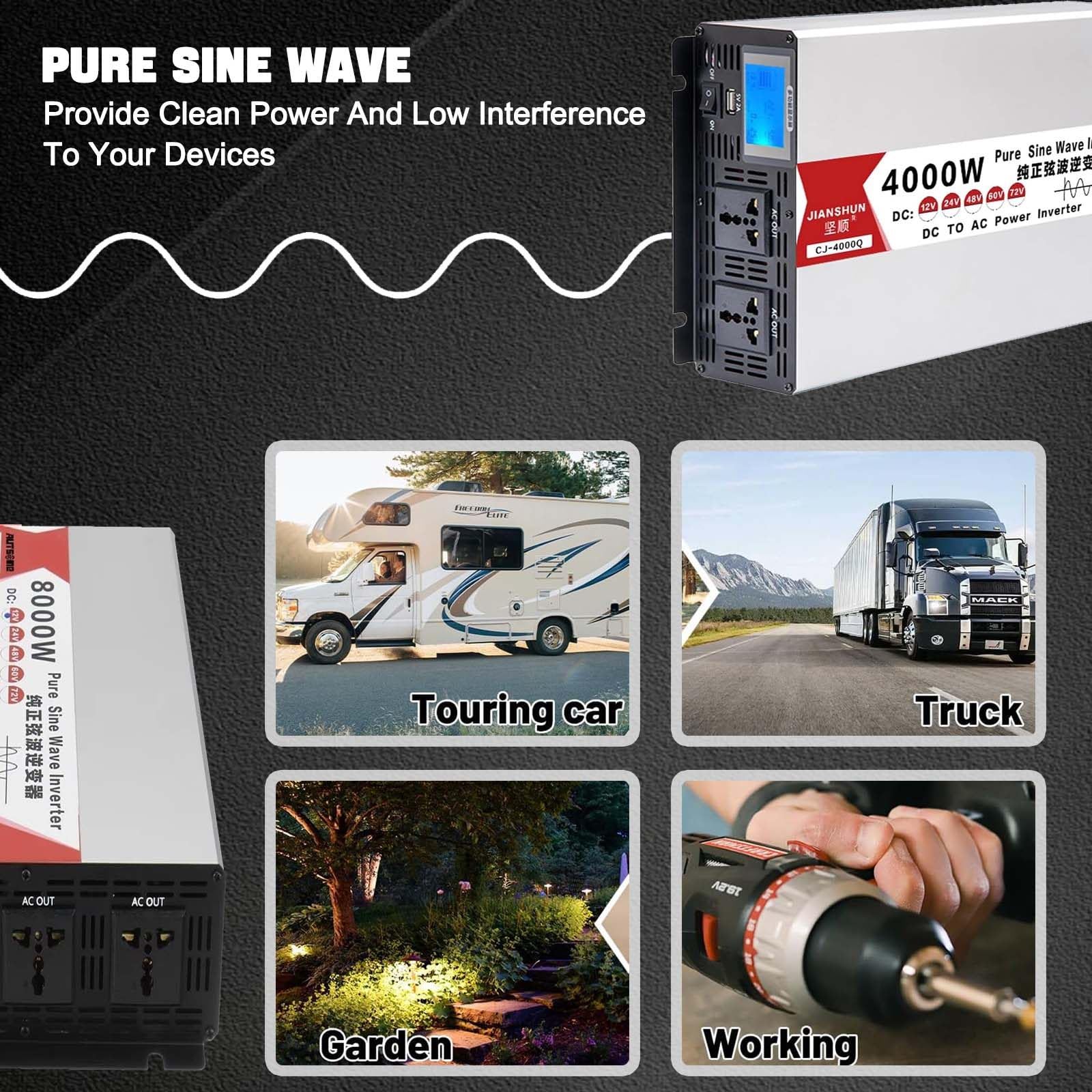 Przetwornica czystego sinusa 2000W (szczyt 4000W), 12V/24V/48V/60V DC na 120V/240V AC, z wyświetlaczem LCD i podwójnym gniazdem AC, cicha praca 48V