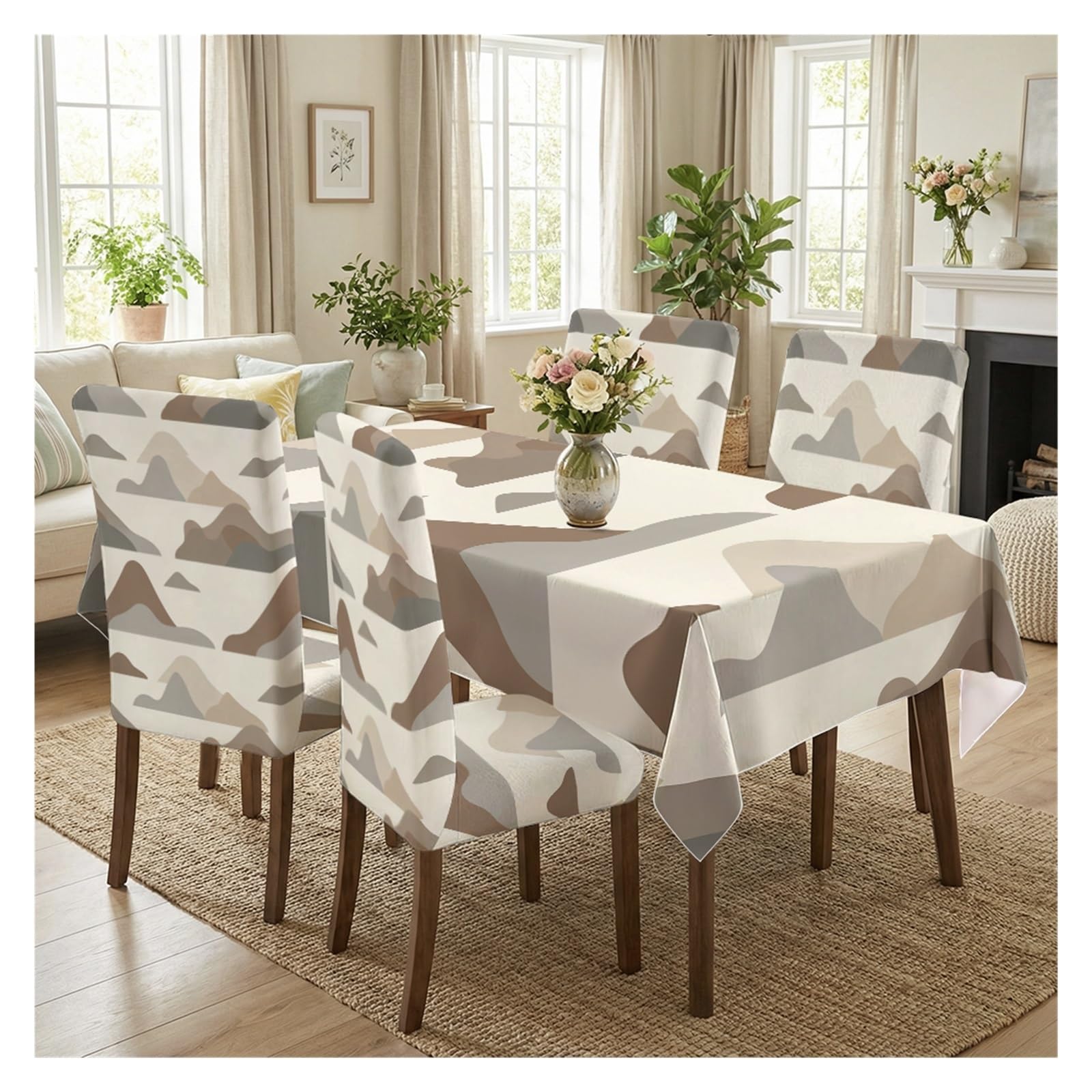 BOSUYBN Abstract Neutral Mountain Landscape Dining Tablecloth & Chair Covers Set, 5/7 Piece Minimal Boho Modern Farmhouse Dining Room Decor Table Setting(5pcs Set: Tablecloth+Chair Covers)