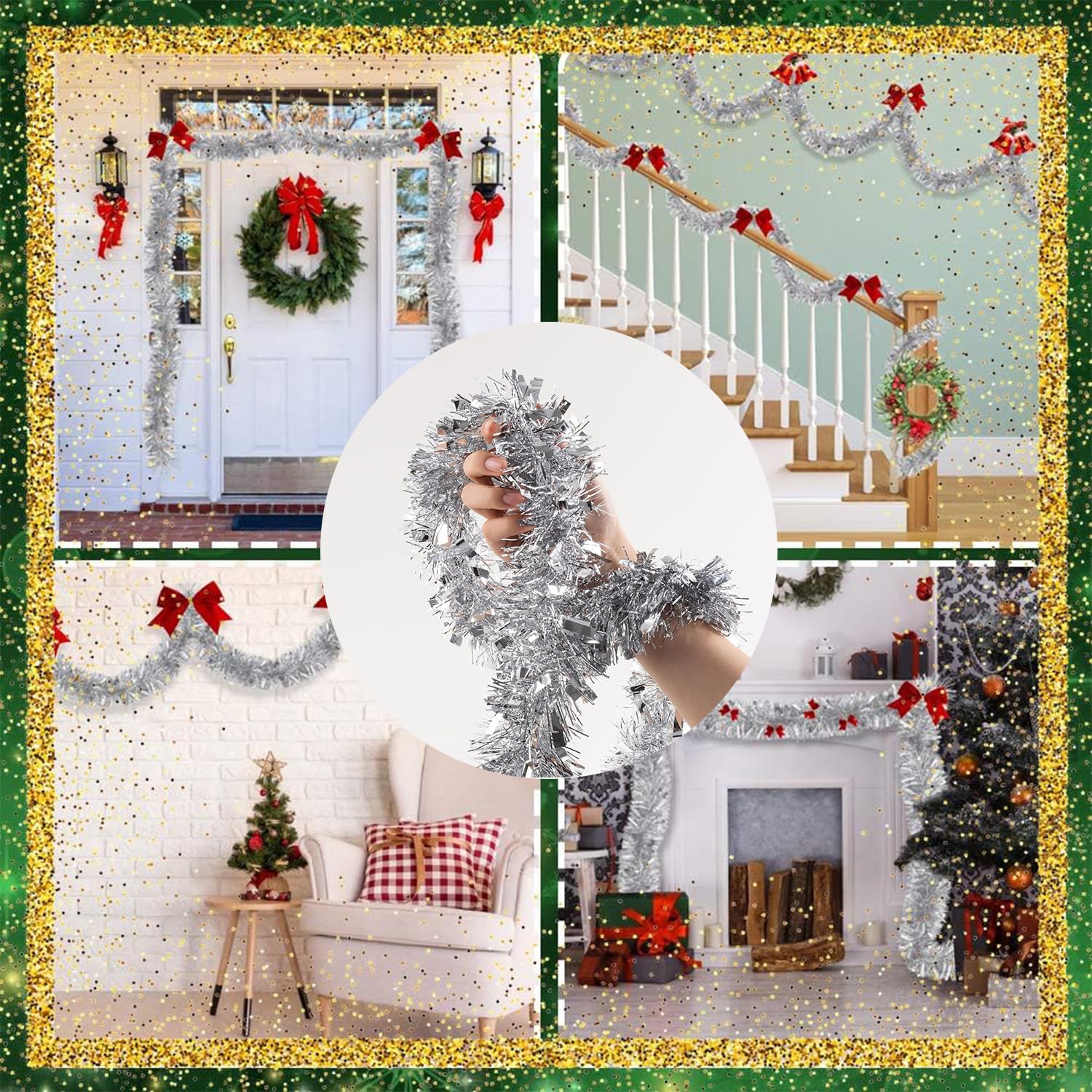 Ghirlanda Di Orpelli per Albero Di Natale Da 6 Pezzi, Ghirlanda Di Decorazioni Natalizie 2m, Ghirlanda Di Decorazioni per Albero Di Natale, Ghirlanda Di Natale (Argento)