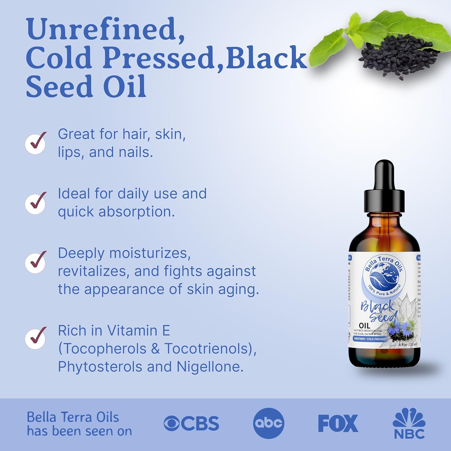 Premium Black Seed Oil – 1gallon, Luxurious Care for Skin & Hair, Silky Texture, Antioxidant Rich – Bella Terra Oils