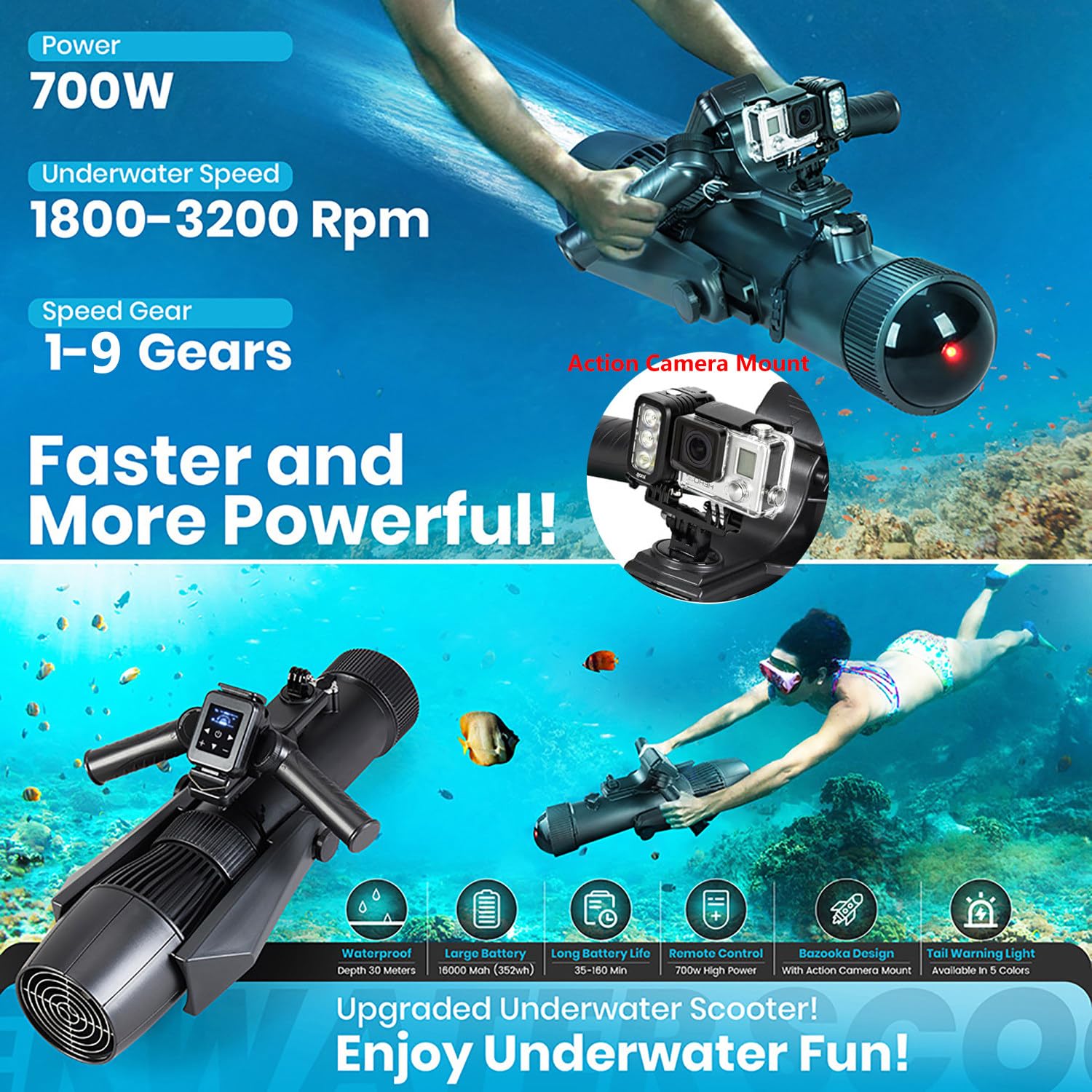 Scooter subacqueo Jetski da 700 W per tavola da paddle con maniglia per immersioni/scatola portaoggetti, batteria rimovibile da 16 Ah, motore SUP/propulsore subacqueo da 35-160 minuti,HD7-1pro
