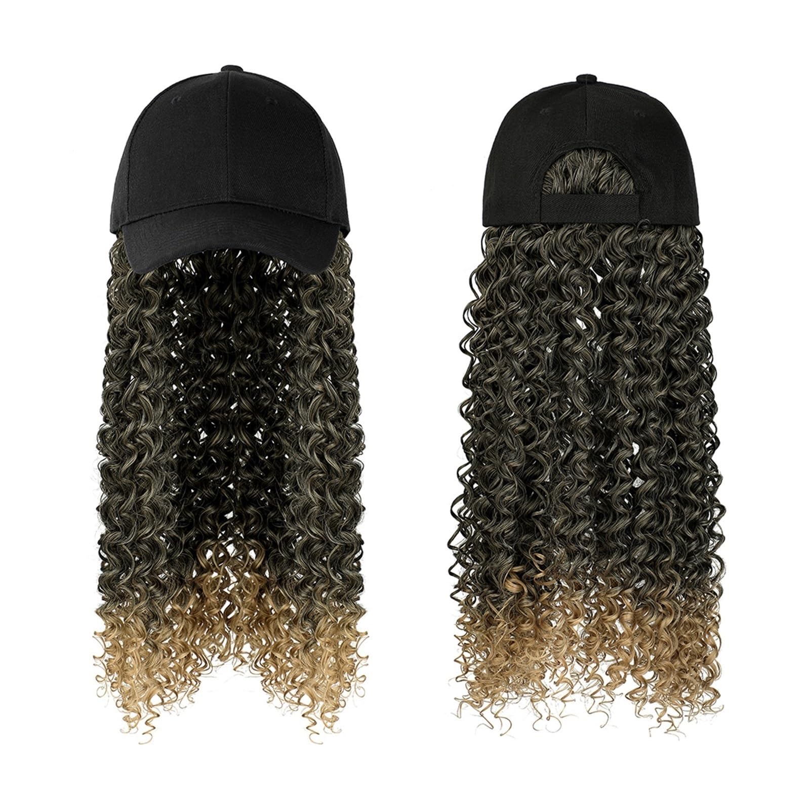 Wig Cap Gorra de béisbol Peluca Sintética Pelucas rizadas largas Sombrero Natural Negro/marrón con cabello for mujer(F988)