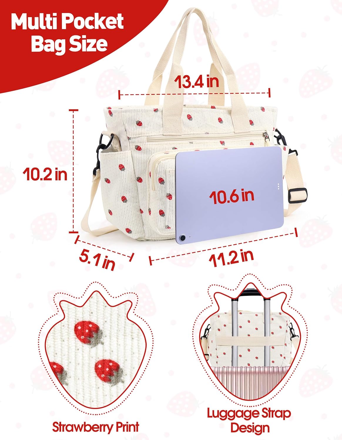 Strawberry Tote Bag Bow Bag With Multi Pocket Women Girls Crossbody Corduroy Handbags Purse Work Travel - Image 4