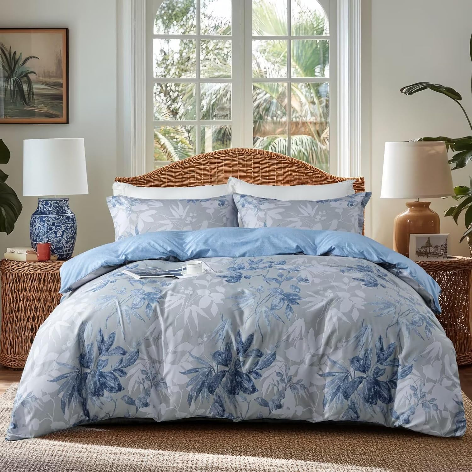OAITE Duvet Cover King Size,Reversible Flower Blue Duvet Cover Set with Zipper Closure, 3 Pieces Modern Patterns Soft Microfiber Bedding Set with 8 Ties(104’’*90’’,2 Pillow Cases)