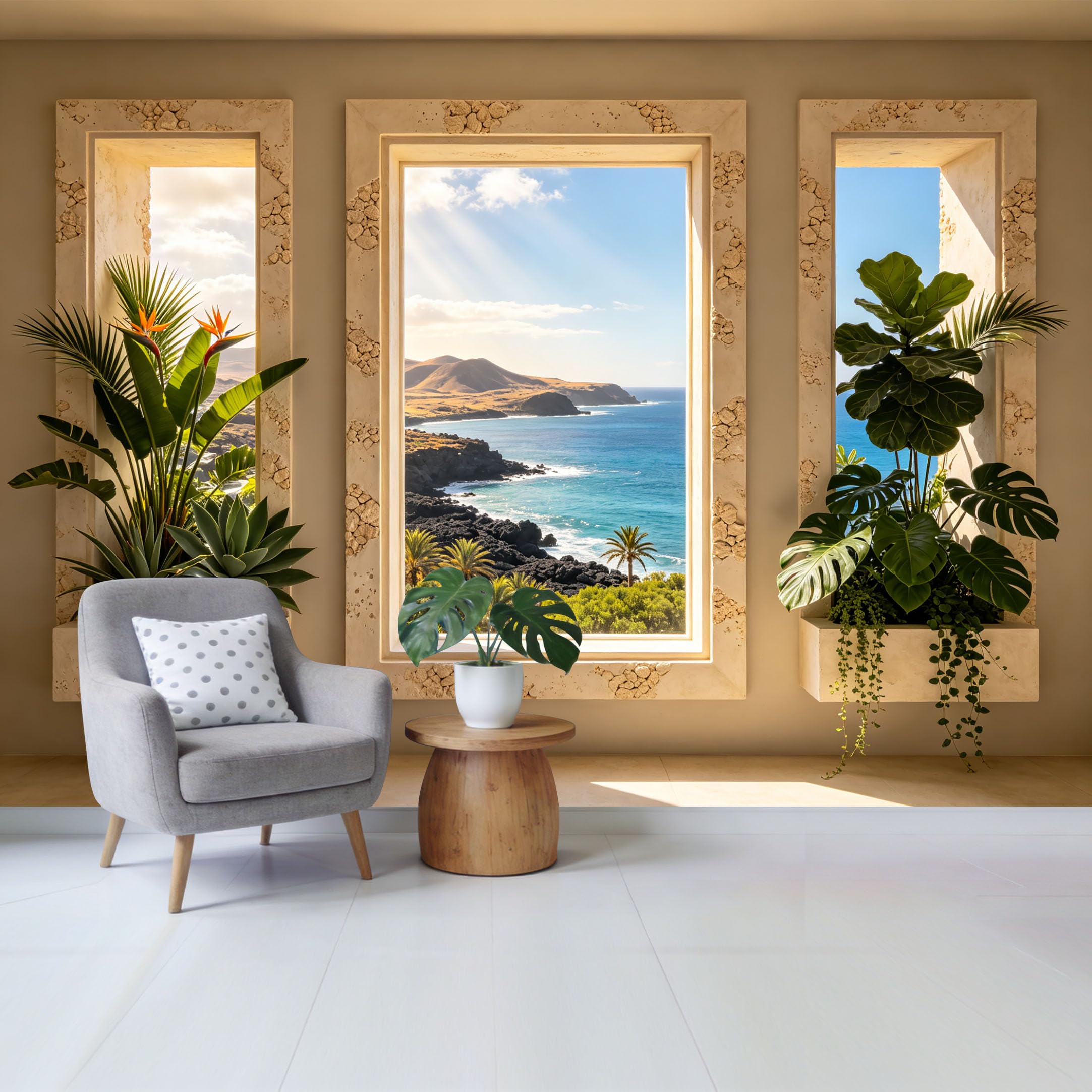 Custom Size Wall Mural Coastal Ocean View with Tropical Plants and Mountains Removable Self Adhesive Fabric Home Wall Decor for Living Room Bedroom Bathroom