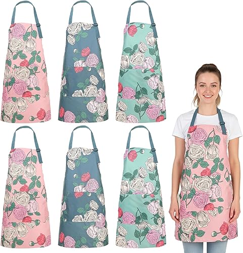 6 delantales florales con bolsillo, delantales duraderos para mujer, delantales de cocina impermeables ajustables para cocinar, hornear, cocina,