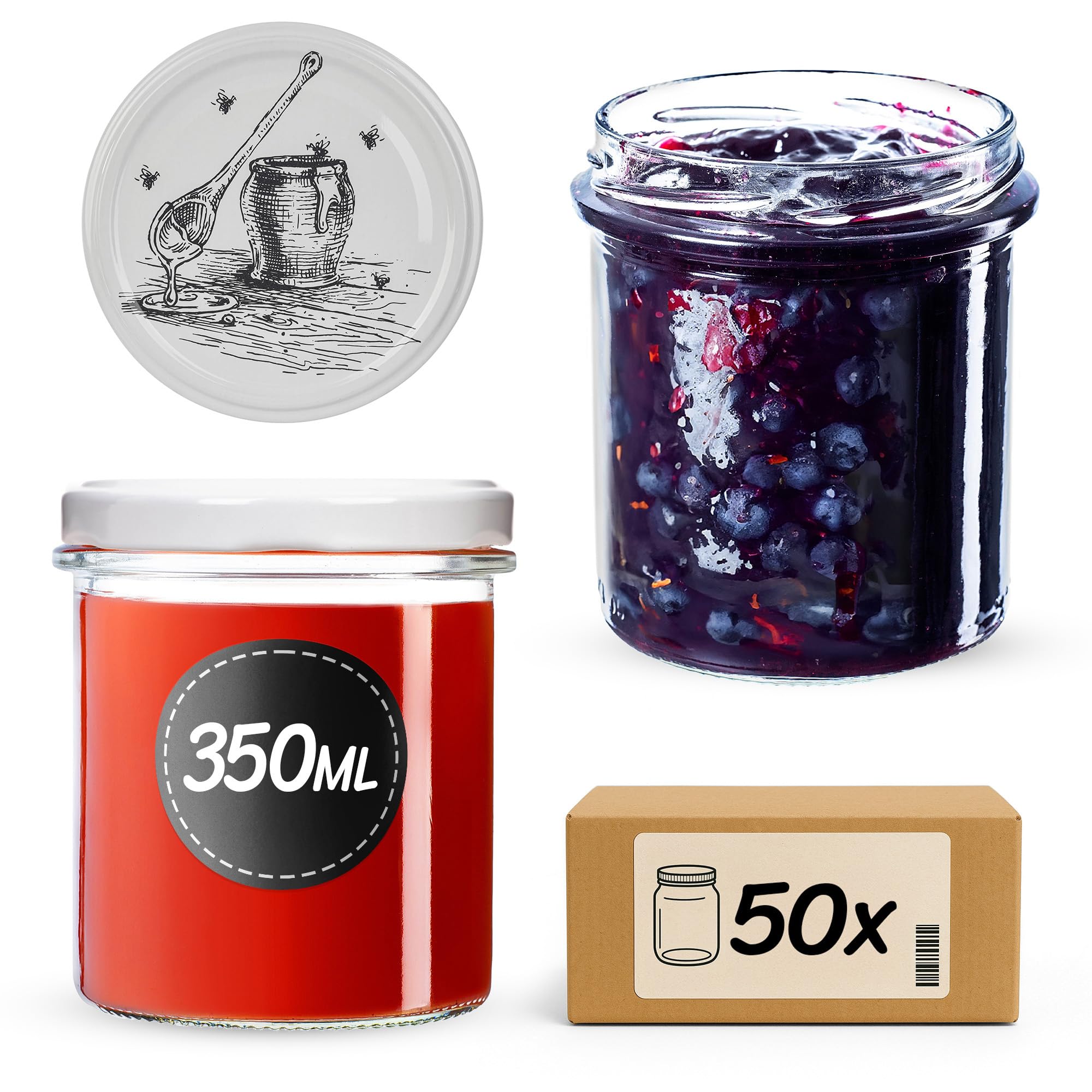 KADAX 50er Set Marmeladengläser 350ml TO82 Honigtopf, Einmachgläser Vorratsgläser Mason Jar mit Schraubdeckel, Luftdichte Schraubgläser, Honig & Konfitüre