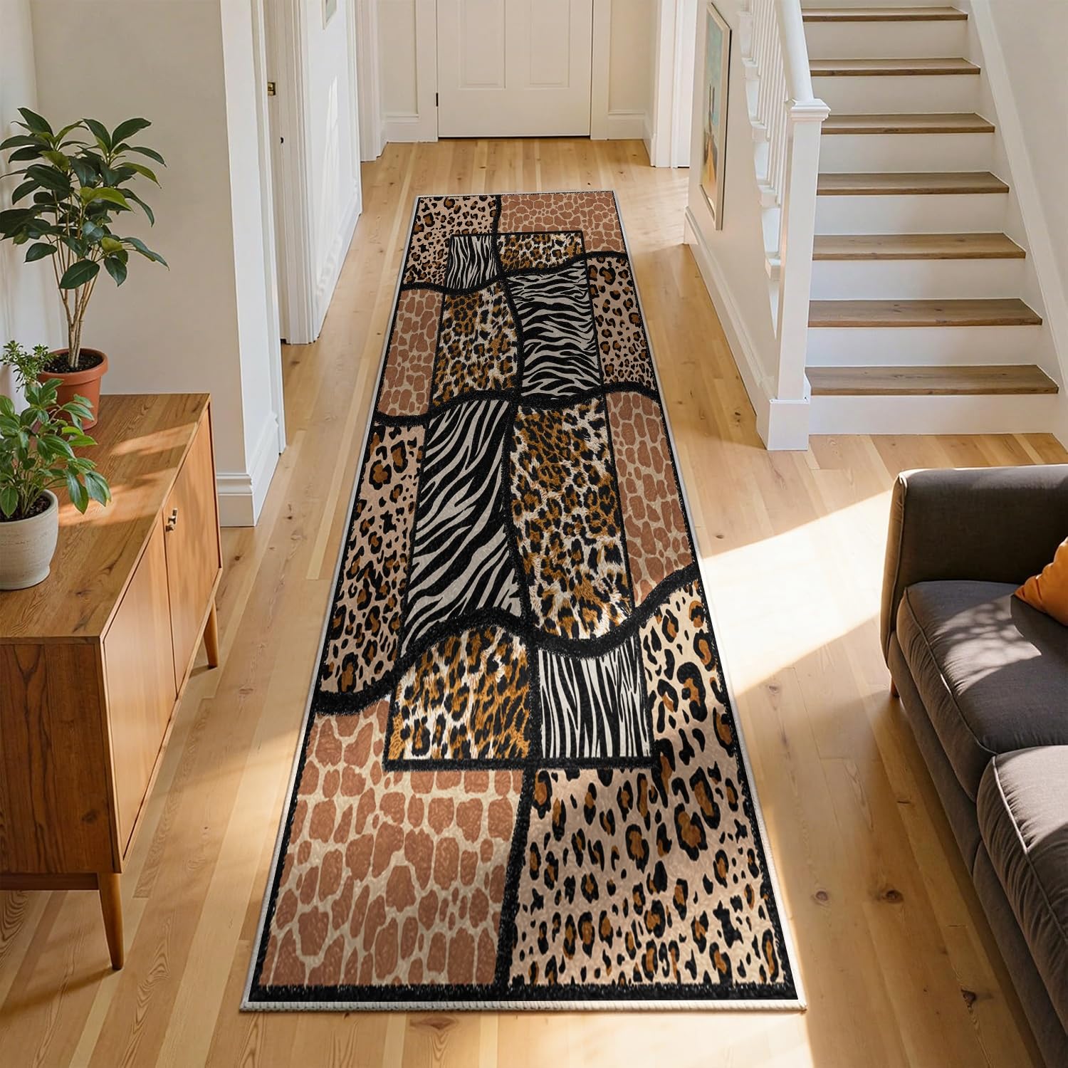 RICAUOU Zebra Stripe Runner Rug, 120x300cm Rustic Retro Animal Brown Cheetah Stripe Geometric Patchwork Hunting Hallway Long Rugs, Soft, Durable, Non-Shedding Carpet for Offices and Lounge Rooms โ image 1