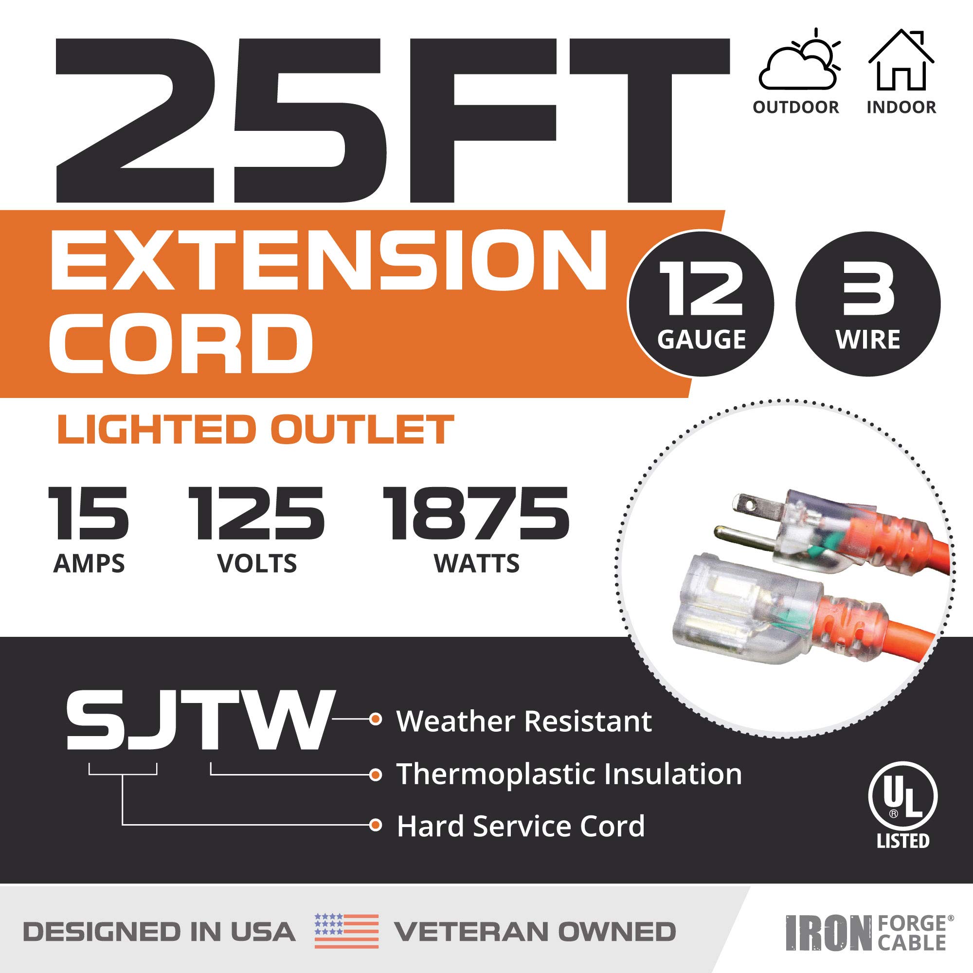 Cable de extensión de color naranja o rojo – 16/3 o 12/3 resistente para exteriores con 3 clavijas de conexión a tierra para seguridad – ideal para jardín y electrodomésticos principales
