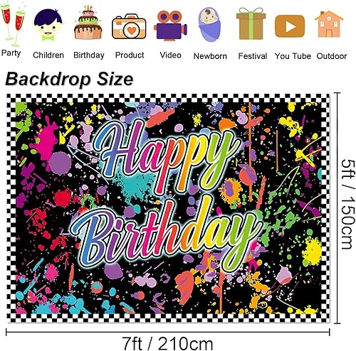 Miniatura 6 de Fondo de decoración de cumpleaños que brilla en la oscuridad, 7 x 5 pies, colorido graffiti salpicadura de pintura de fondo de fiesta de los años 80