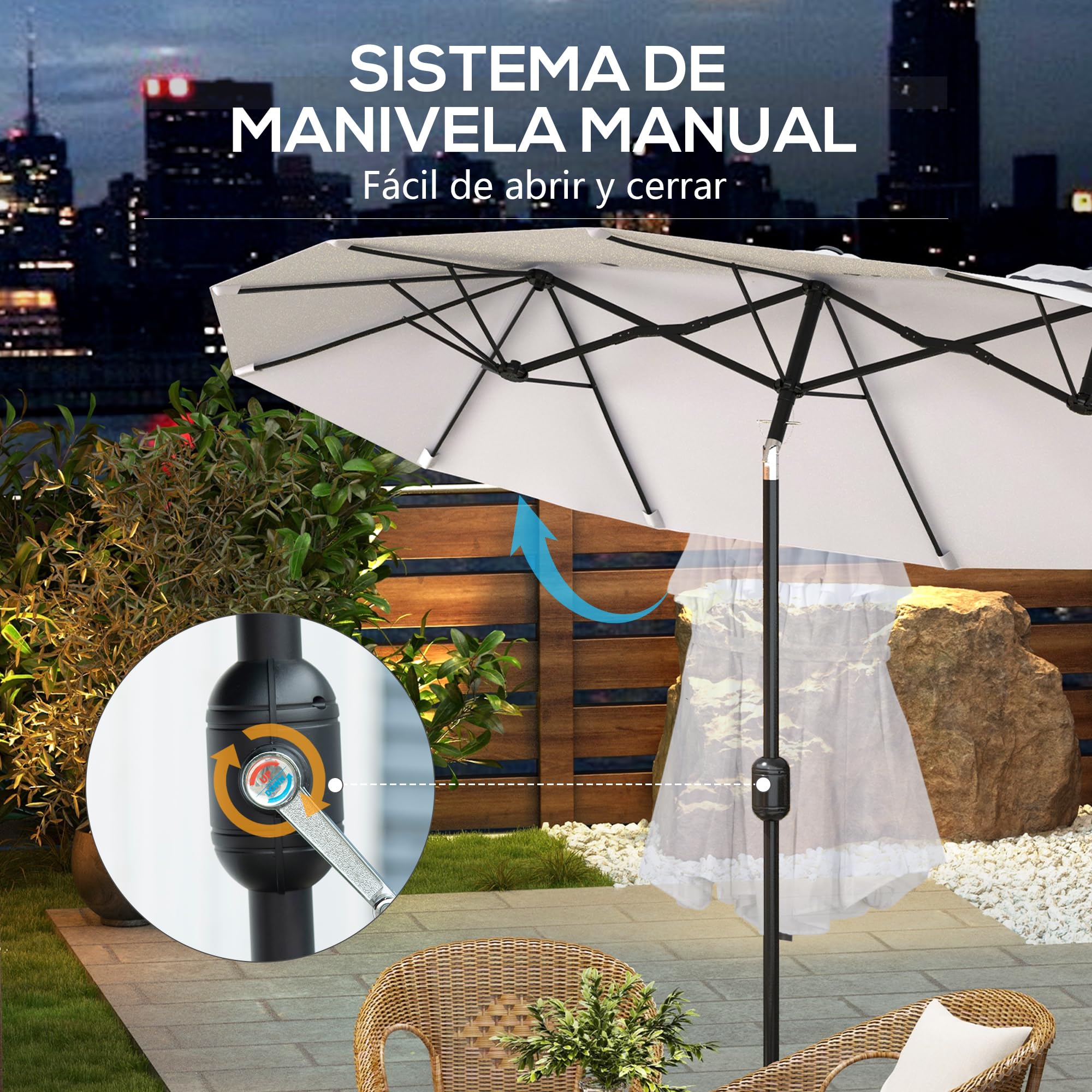 Outsunny Sombrilla Doble 2,95x1,52m Inclinación 45° Manivela Crema | Sombrilla Terraza Exterior, Manivela Manual, Ventilación, Impermeable, Parasol Jardín Piscina