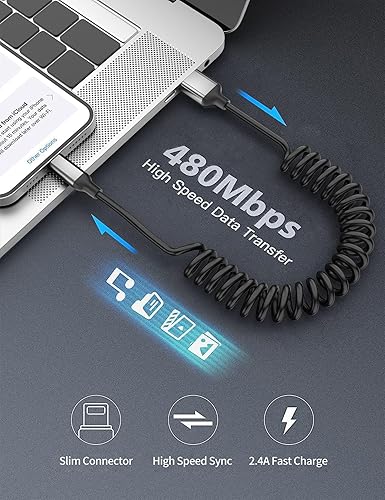 Miniatura 6 de Cable Lightning en espiral para automóvil, paquete de 2 cables retráctiles de carga rápida para iPhone, certificado MFi, cable corto Apple CarPlay