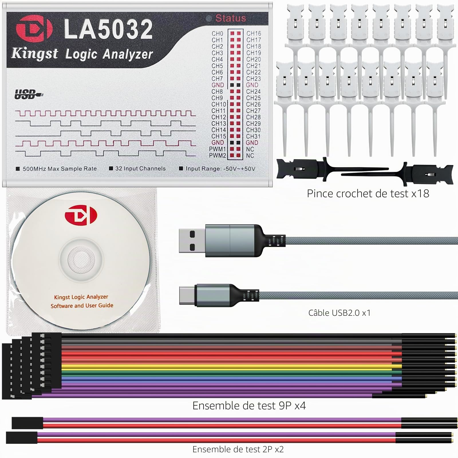 InnoMaker Analyseur Logique USB LA5032 32 Canaux 500MHz 10G Échantillons pour MCU ARM FPGA Outil de Débogage Analyseur MIPI avec Logiciel Anglais Compatible avec Windows Mac Linux
