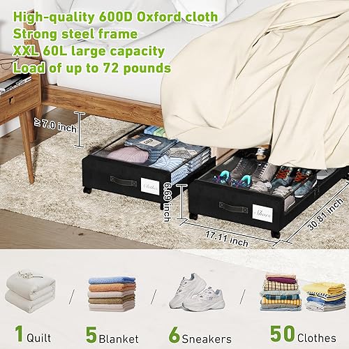 Miniatura 3 de Almacenamiento debajo de la cama con ruedas, paquete de 2 contenedores de almacenamiento debajo de la cama con tapas transparentes y etiqueta